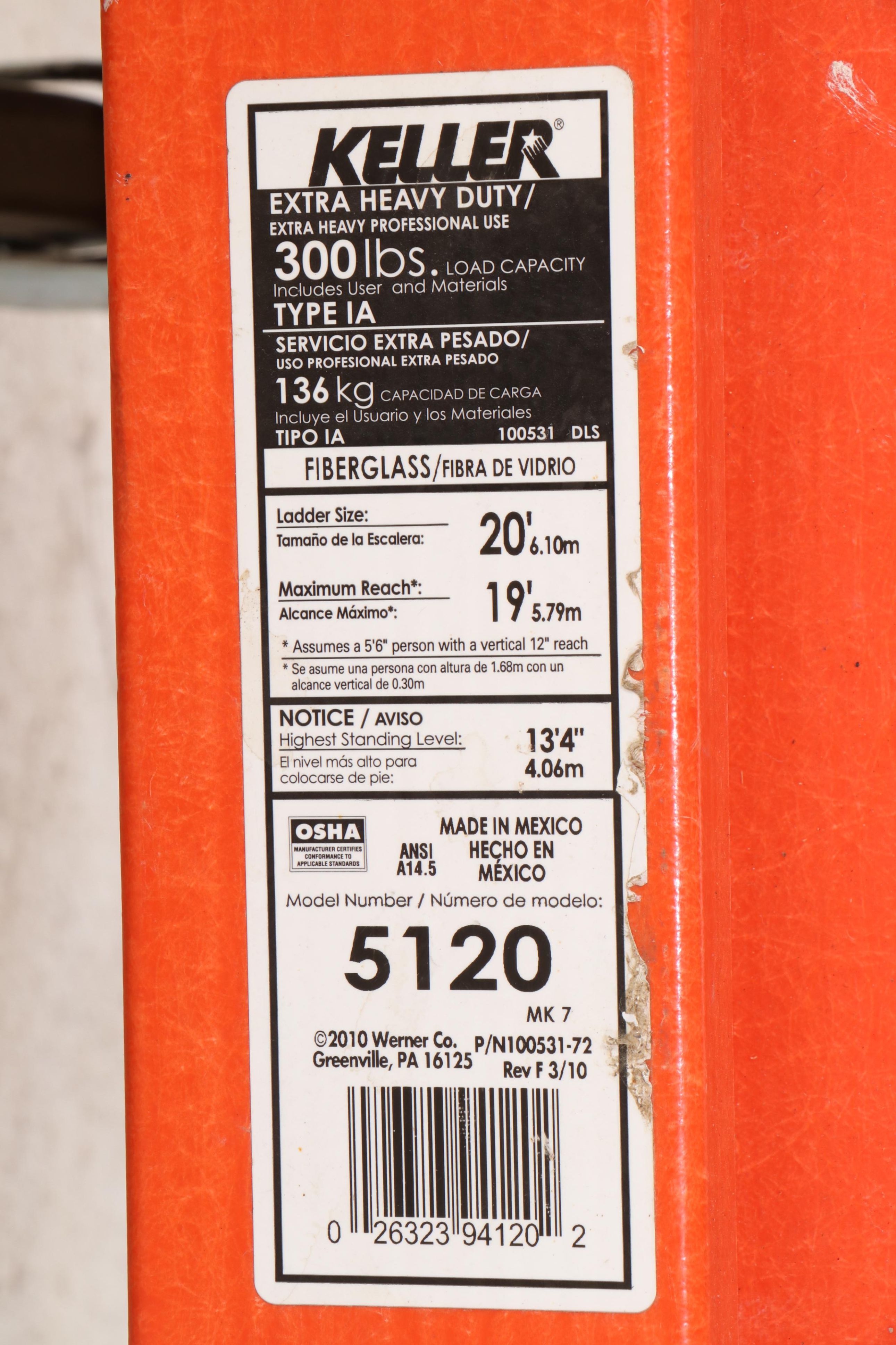 Keller K-Pro Extra Heavy Duty 20' Ladder with Rail Extensions