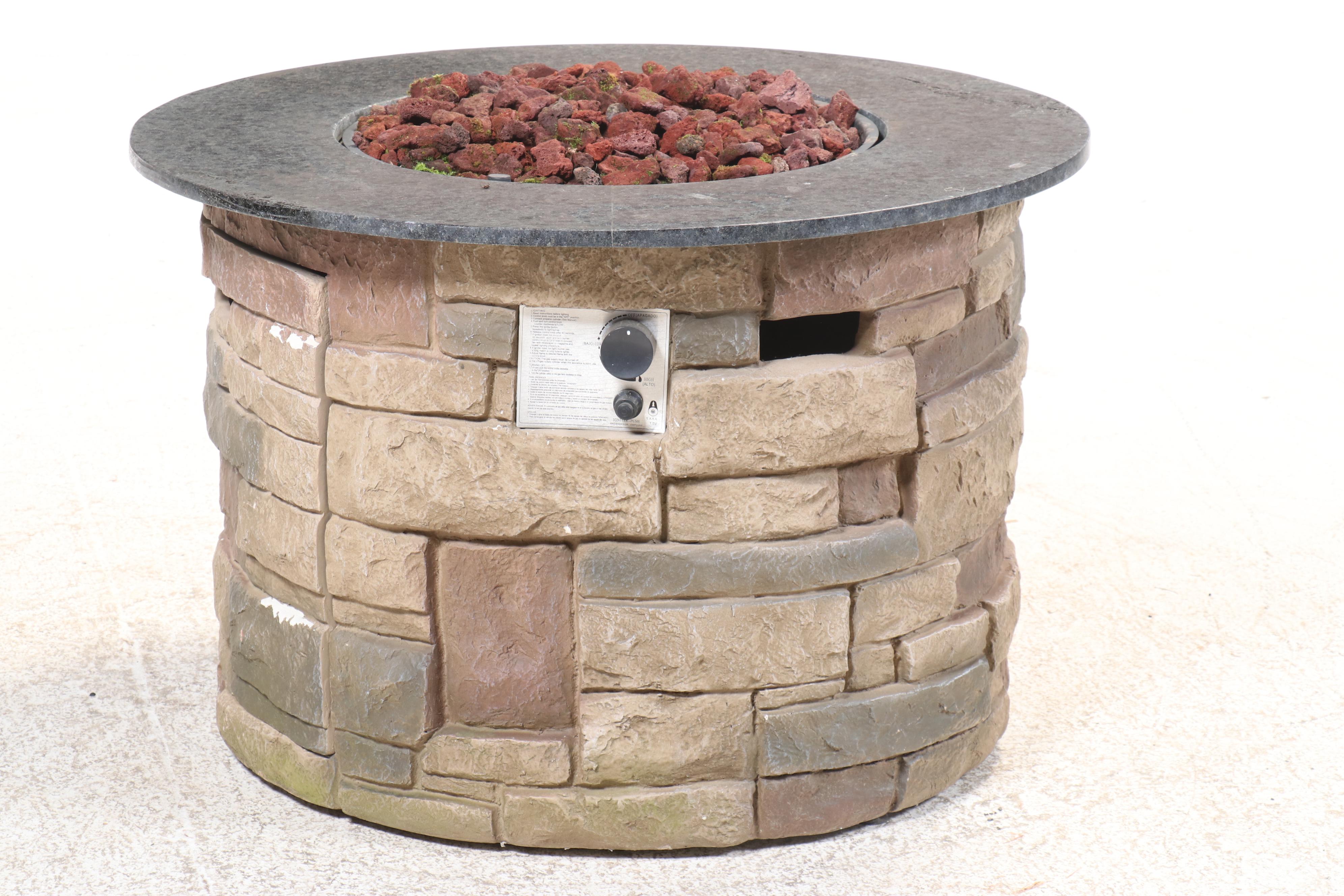 Faux Stone and Black Granite Gas Fire Pit with Fuel Control