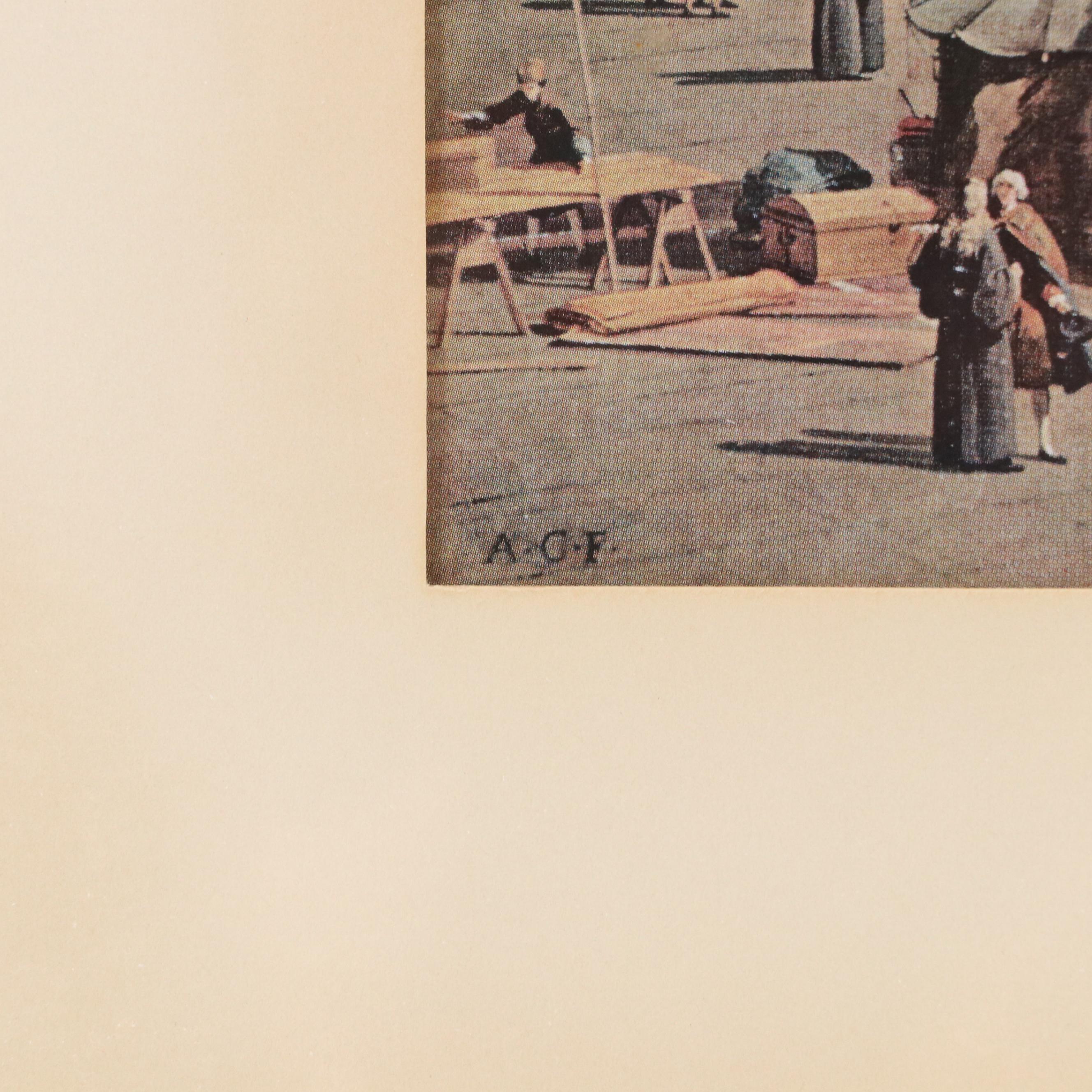 Hand-Colored Lithograph Hot Air Balloon and Offset Lithograph Venice Scene