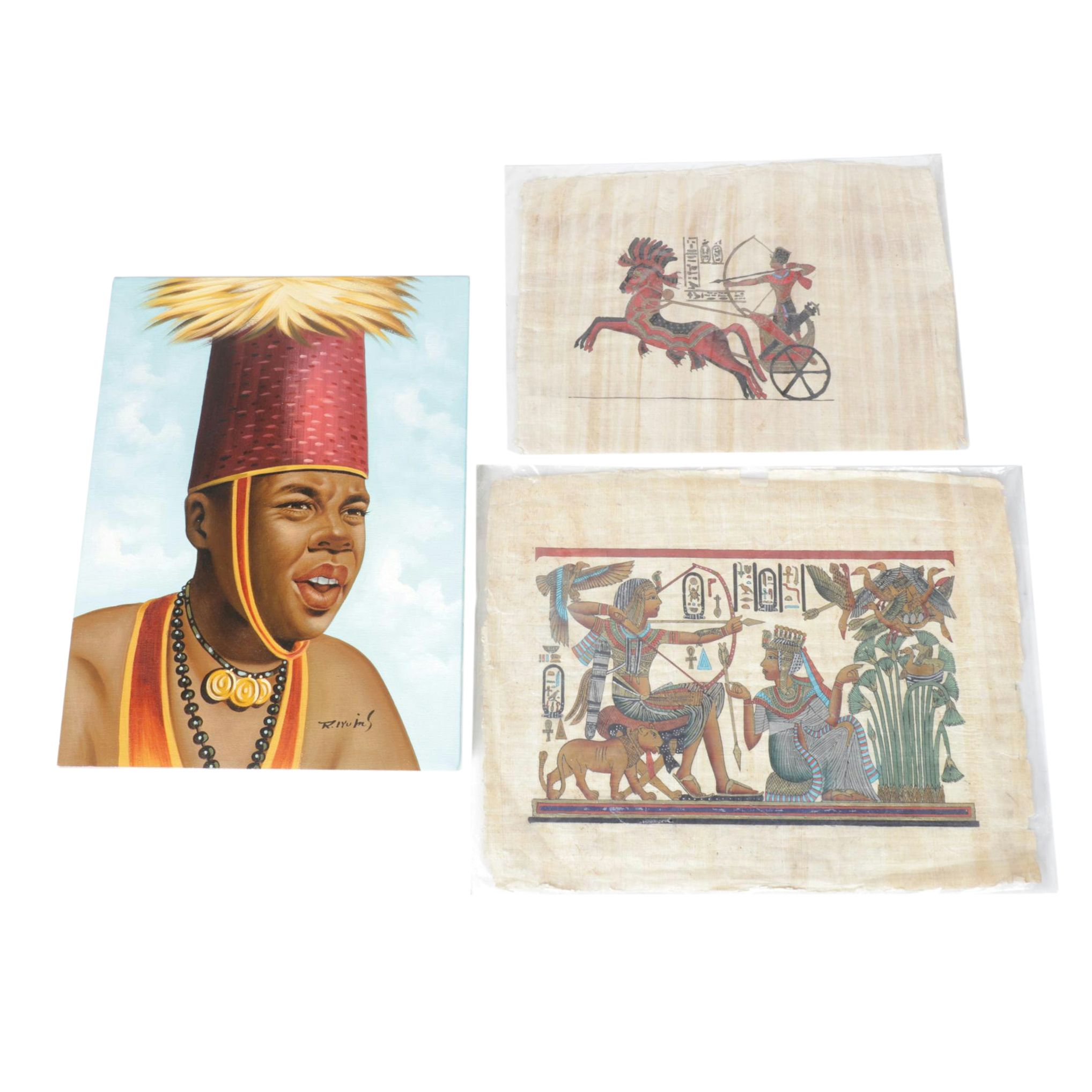 Egyptian Papyrus Panels of Tutankhamen with Oil Painting Portrait