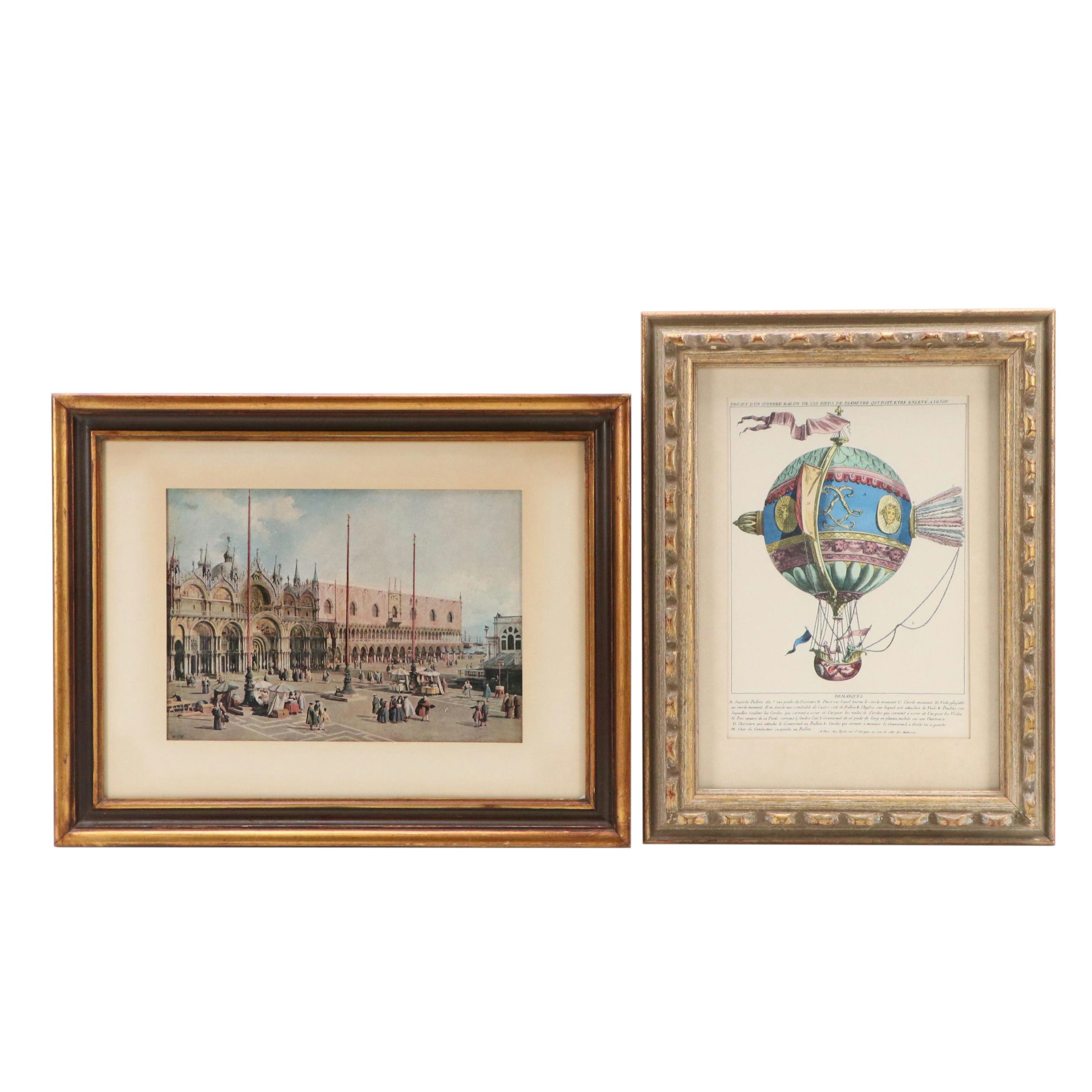 Hand-Colored Lithograph Hot Air Balloon and Offset Lithograph Venice Scene