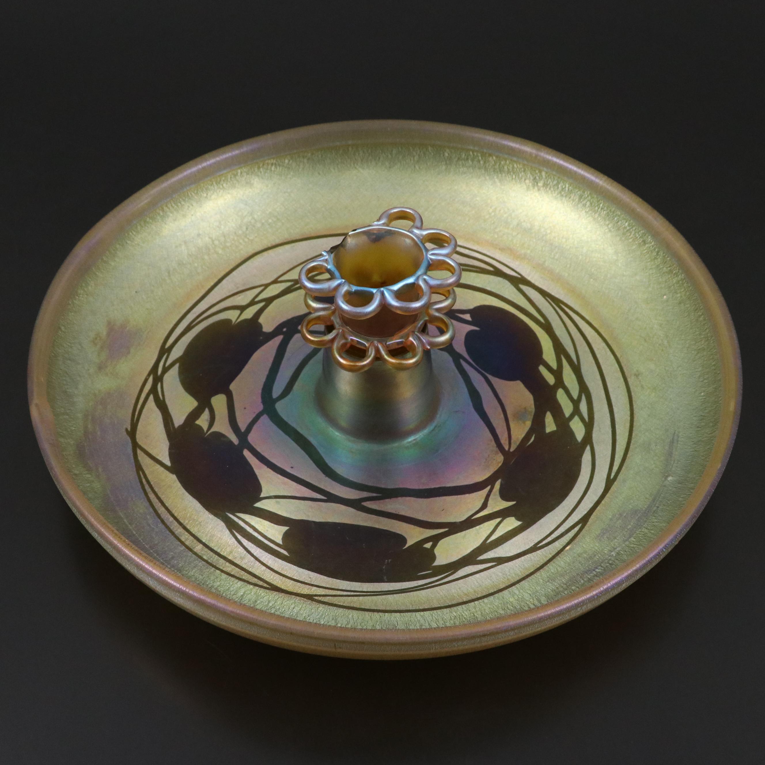 Louis Comfort Tiffany "Heart and Vine" Favrile Glass Low Bowl with Floral Frog