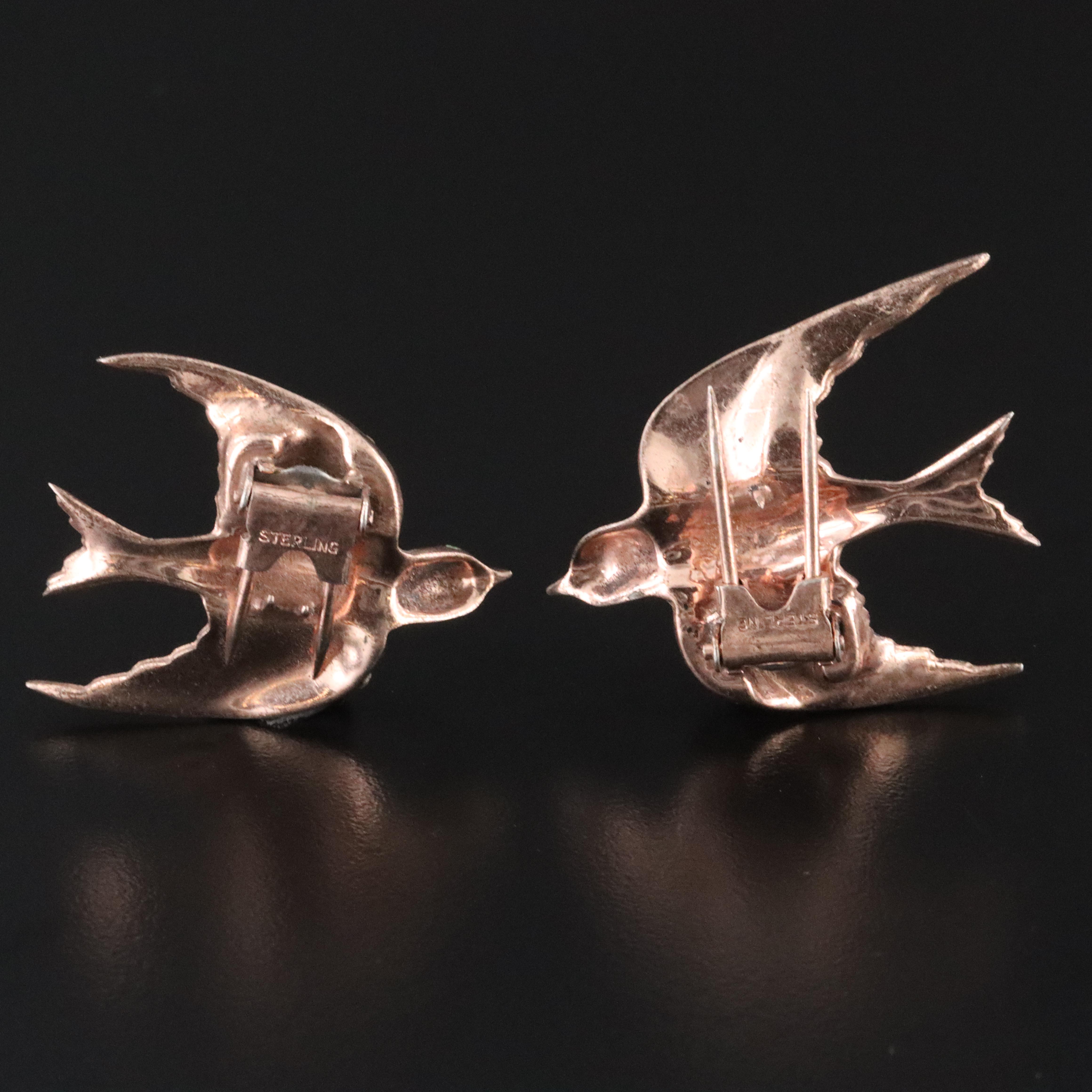 Vintage Sterling Rhinestone Swallow Fur Clips