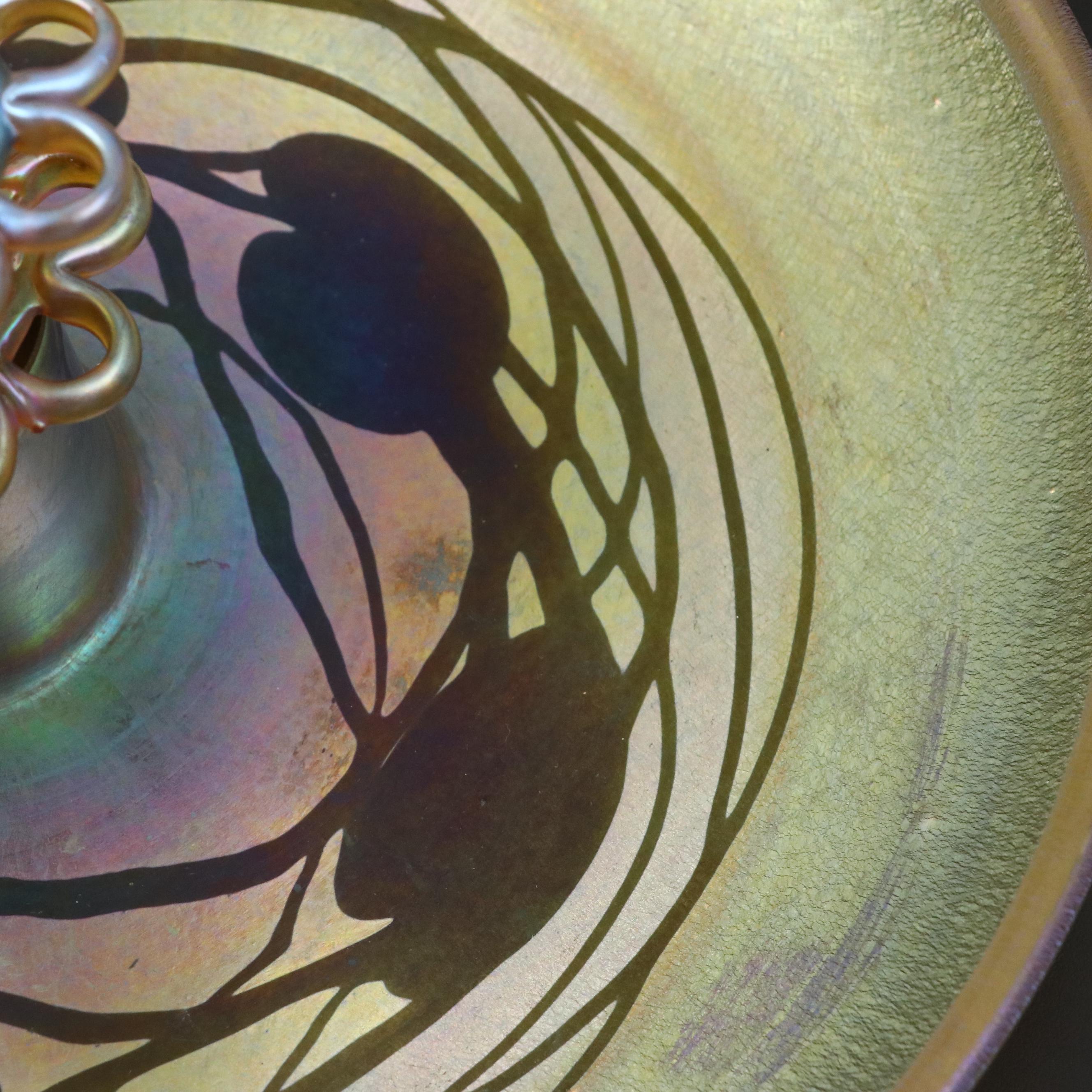 Louis Comfort Tiffany "Heart and Vine" Favrile Glass Low Bowl with Floral Frog