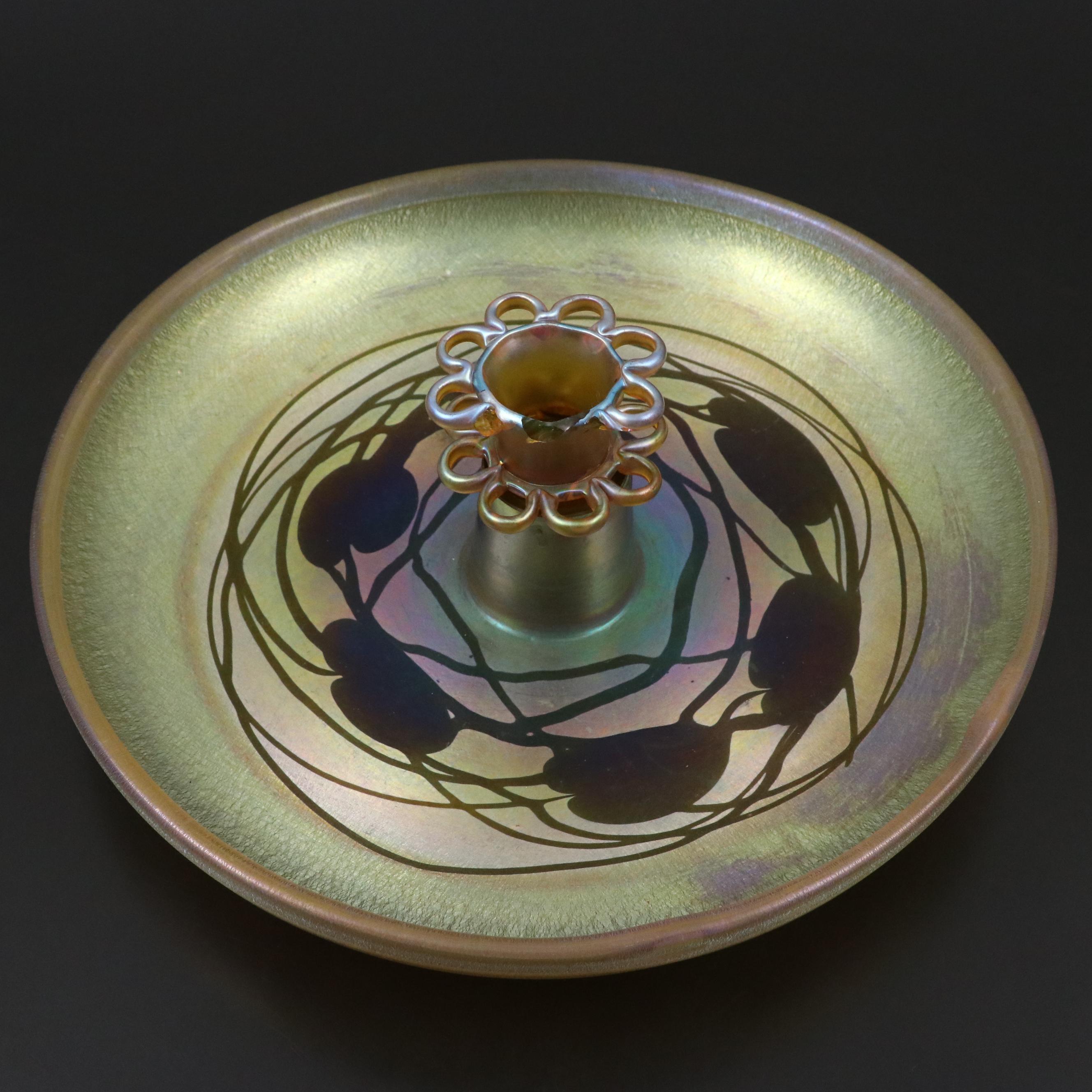 Louis Comfort Tiffany "Heart and Vine" Favrile Glass Low Bowl with Floral Frog