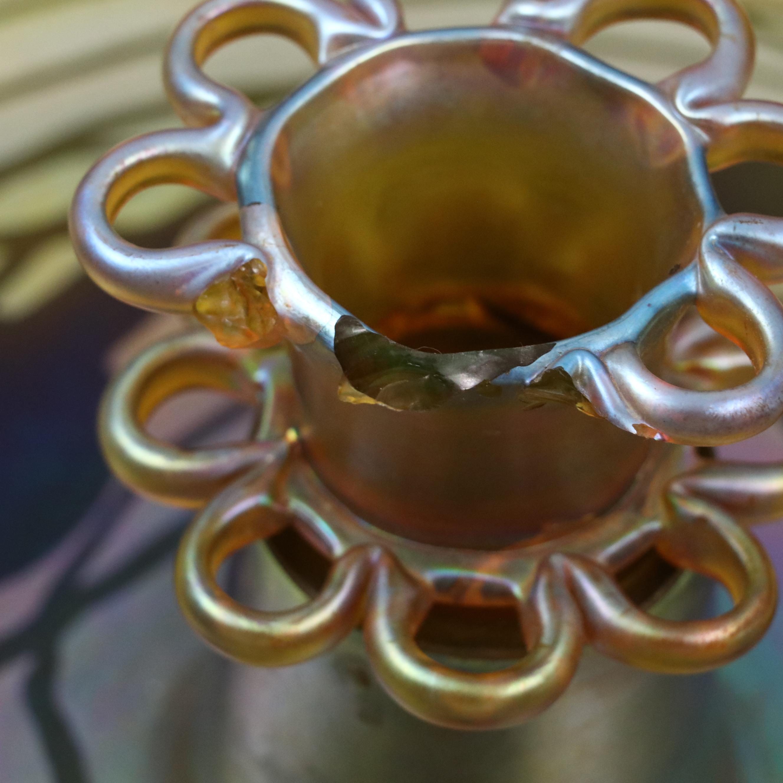 Louis Comfort Tiffany "Heart and Vine" Favrile Glass Low Bowl with Floral Frog