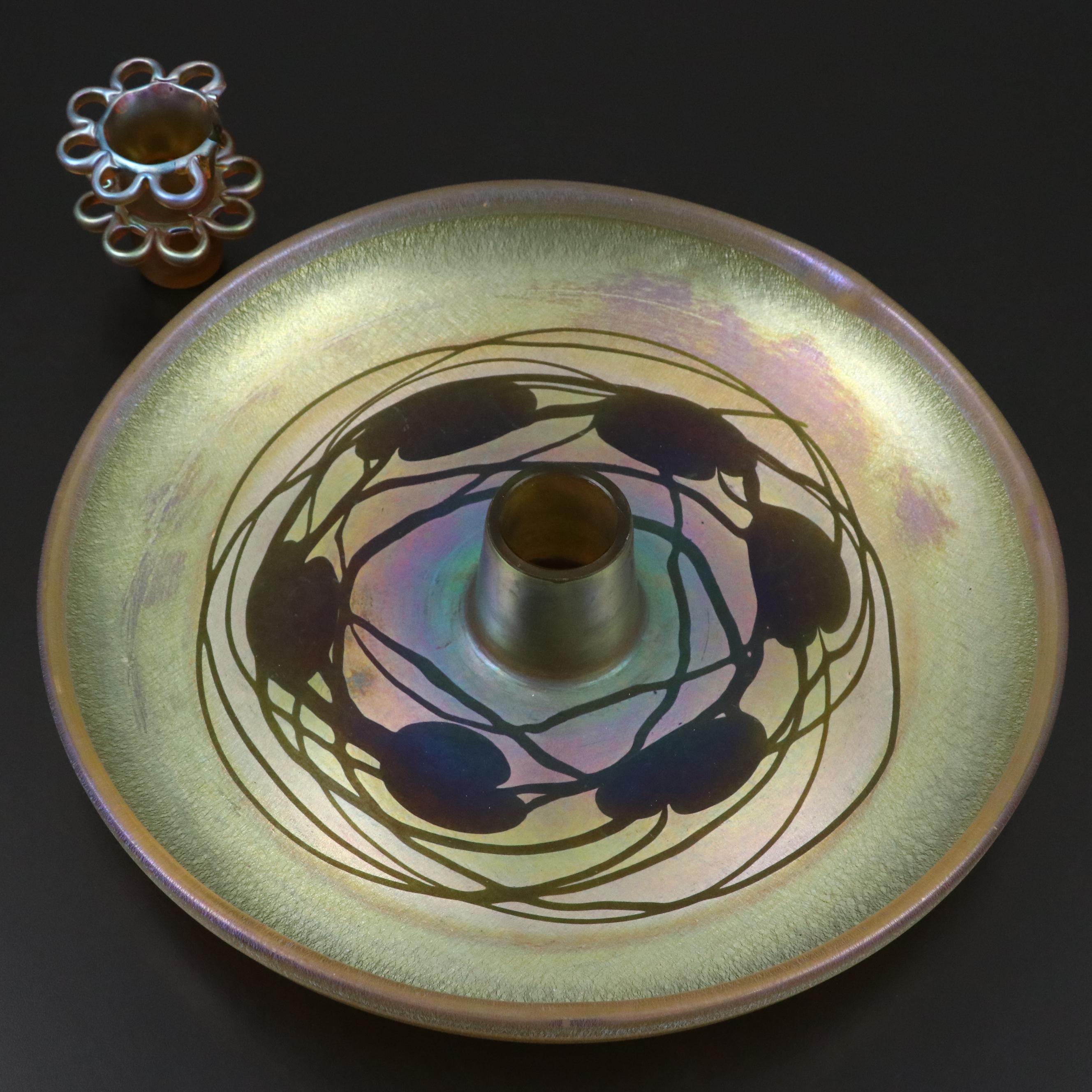 Louis Comfort Tiffany "Heart and Vine" Favrile Glass Low Bowl with Floral Frog