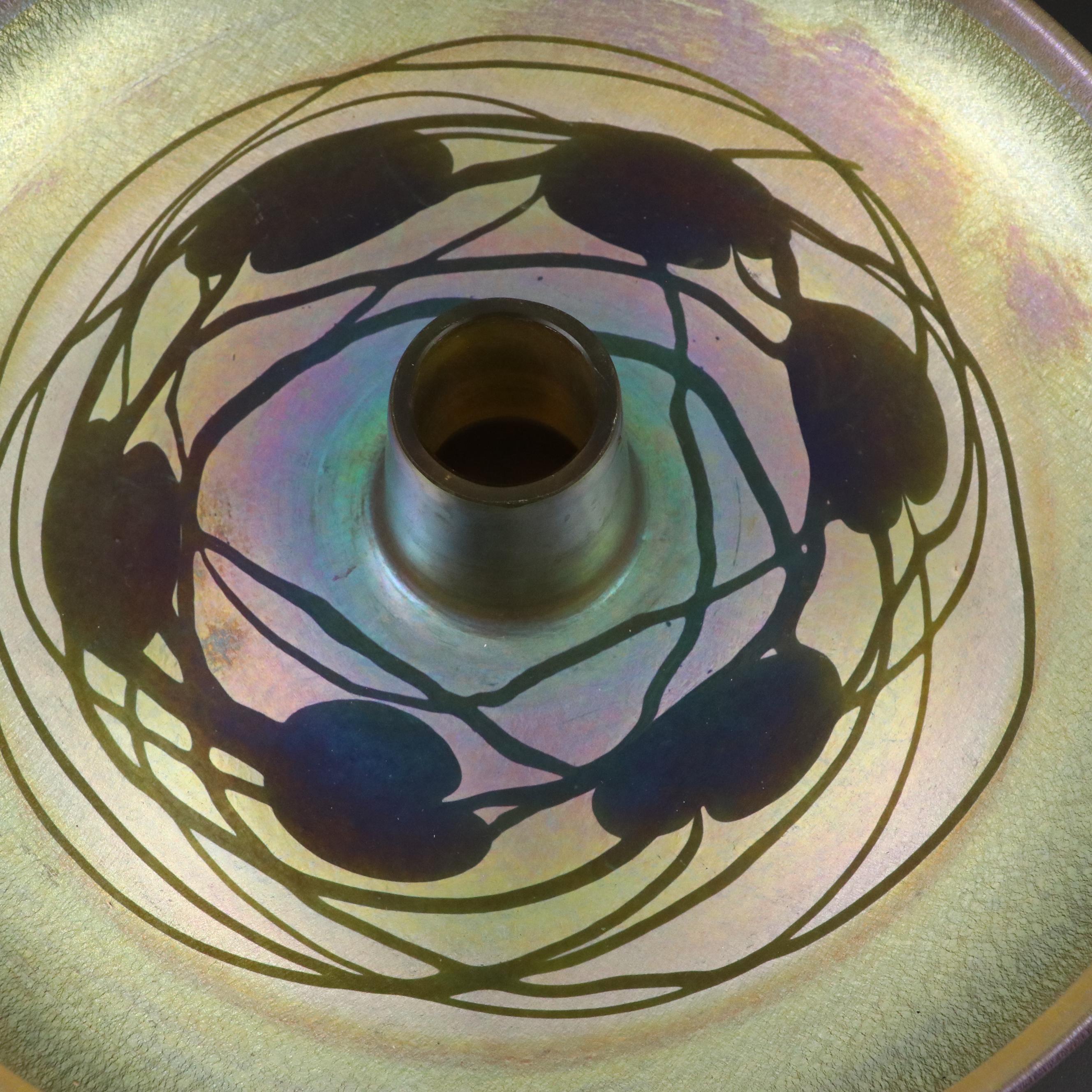 Louis Comfort Tiffany "Heart and Vine" Favrile Glass Low Bowl with Floral Frog