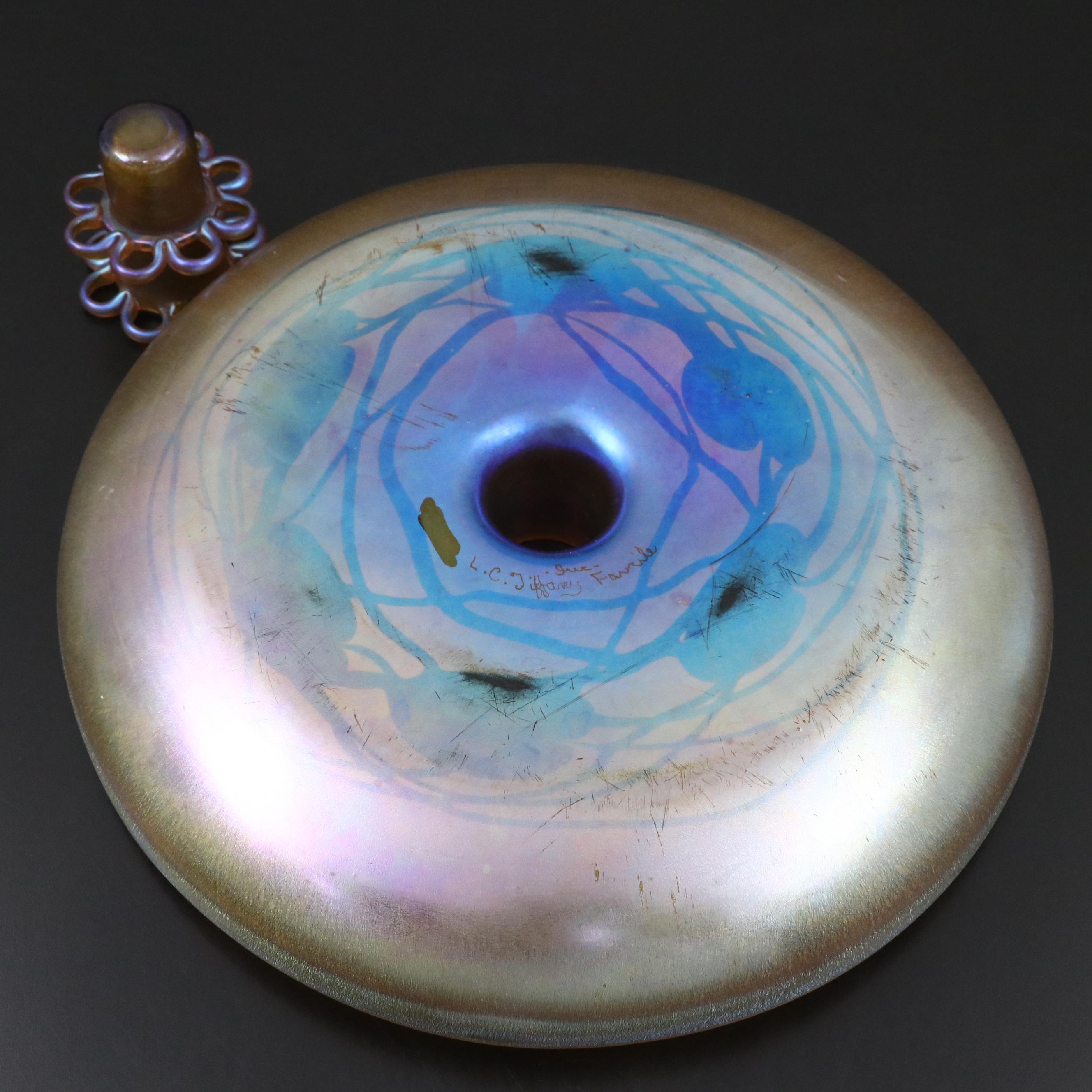 Louis Comfort Tiffany "Heart and Vine" Favrile Glass Low Bowl with Floral Frog