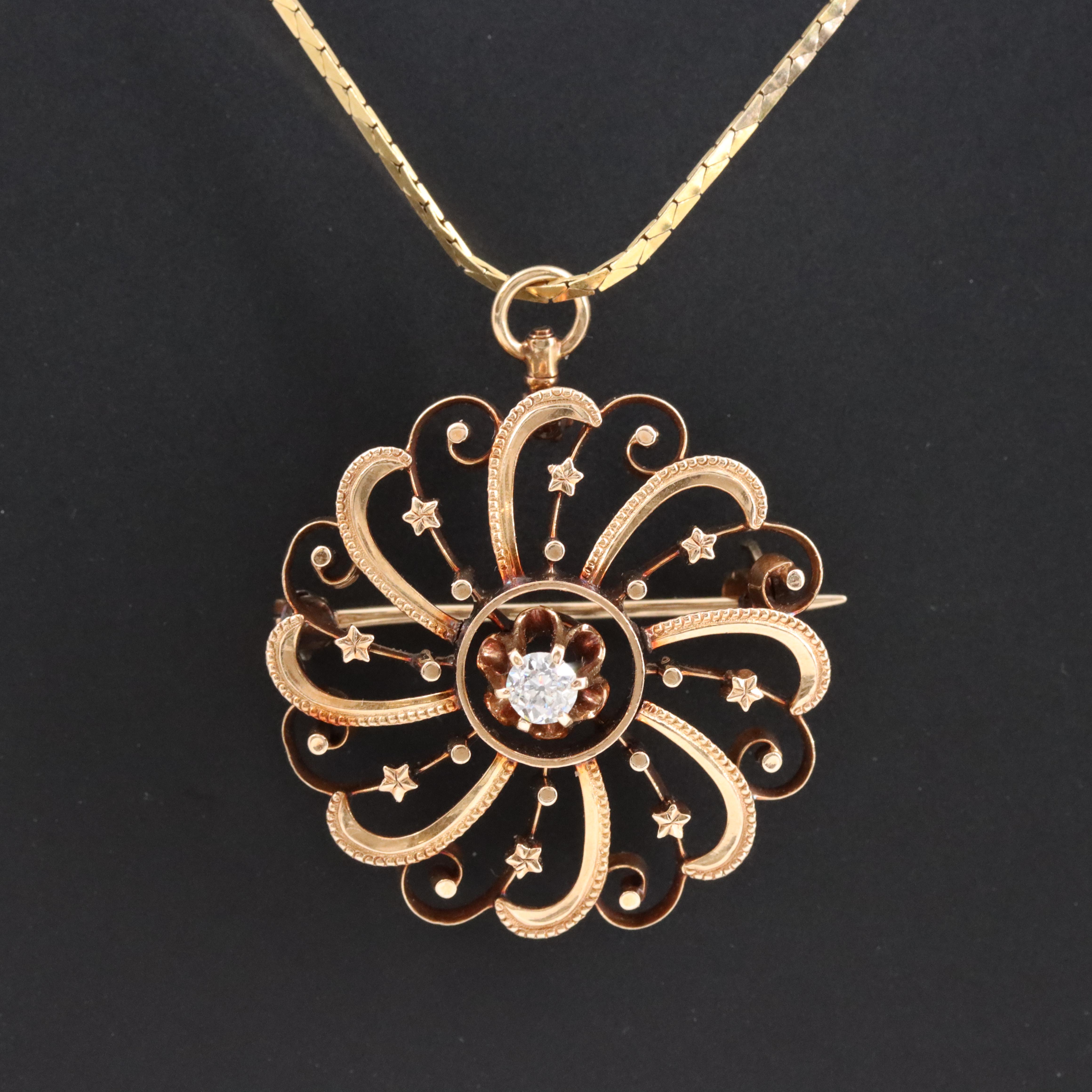 Antique 14K Diamond Sunburst Converter Pendant with Italian Chain