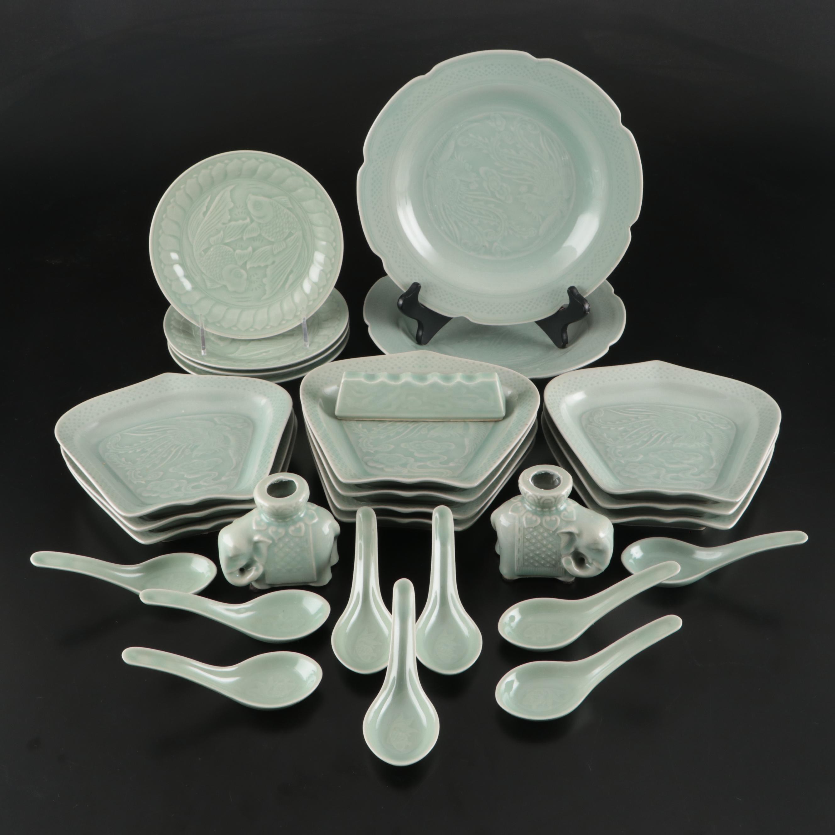 Chinese Porcelain Celadon Glaze Dinnerware and Elephant Shaped Candlesticks