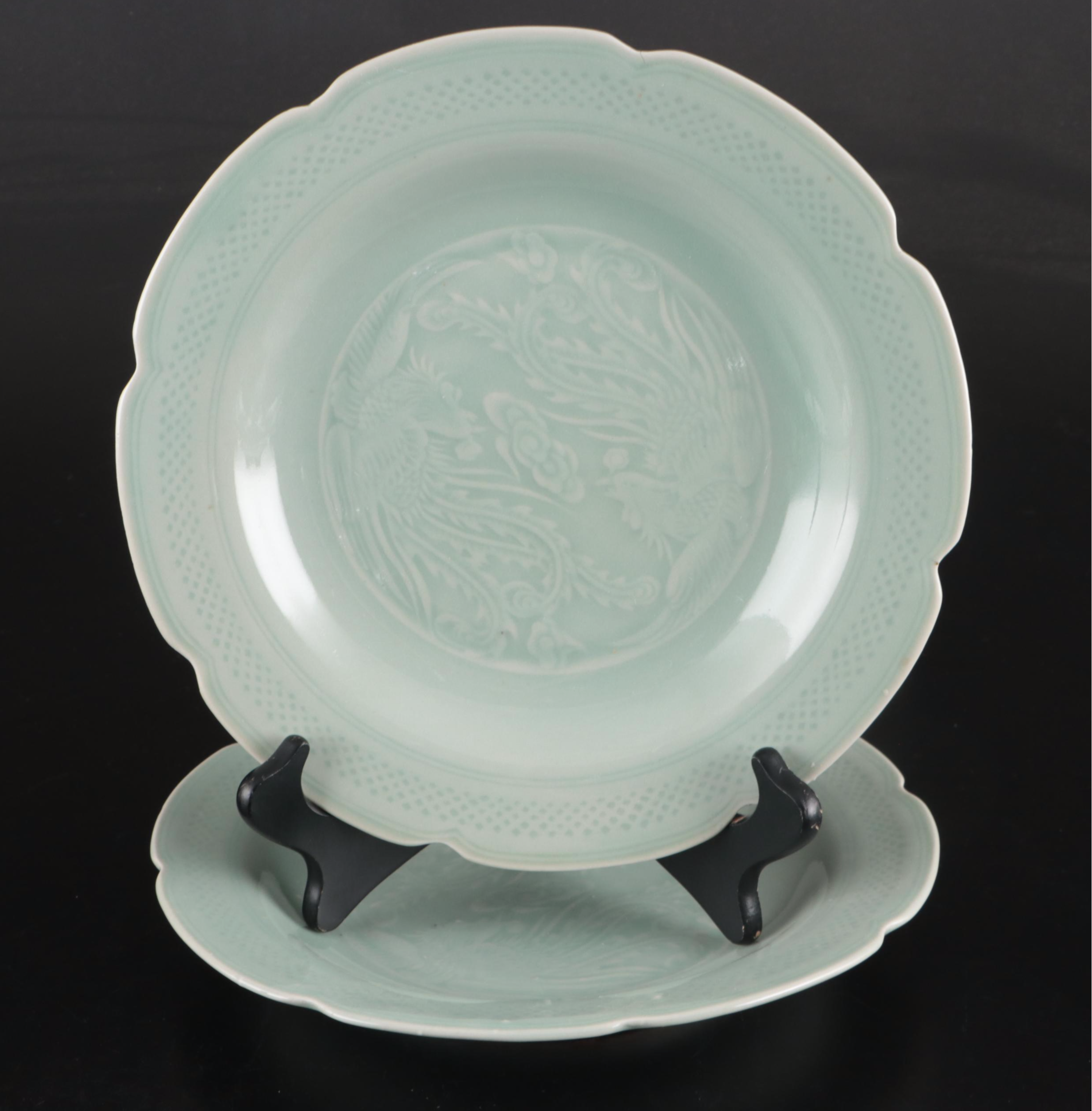 Chinese Porcelain Celadon Glaze Dinnerware and Elephant Shaped Candlesticks