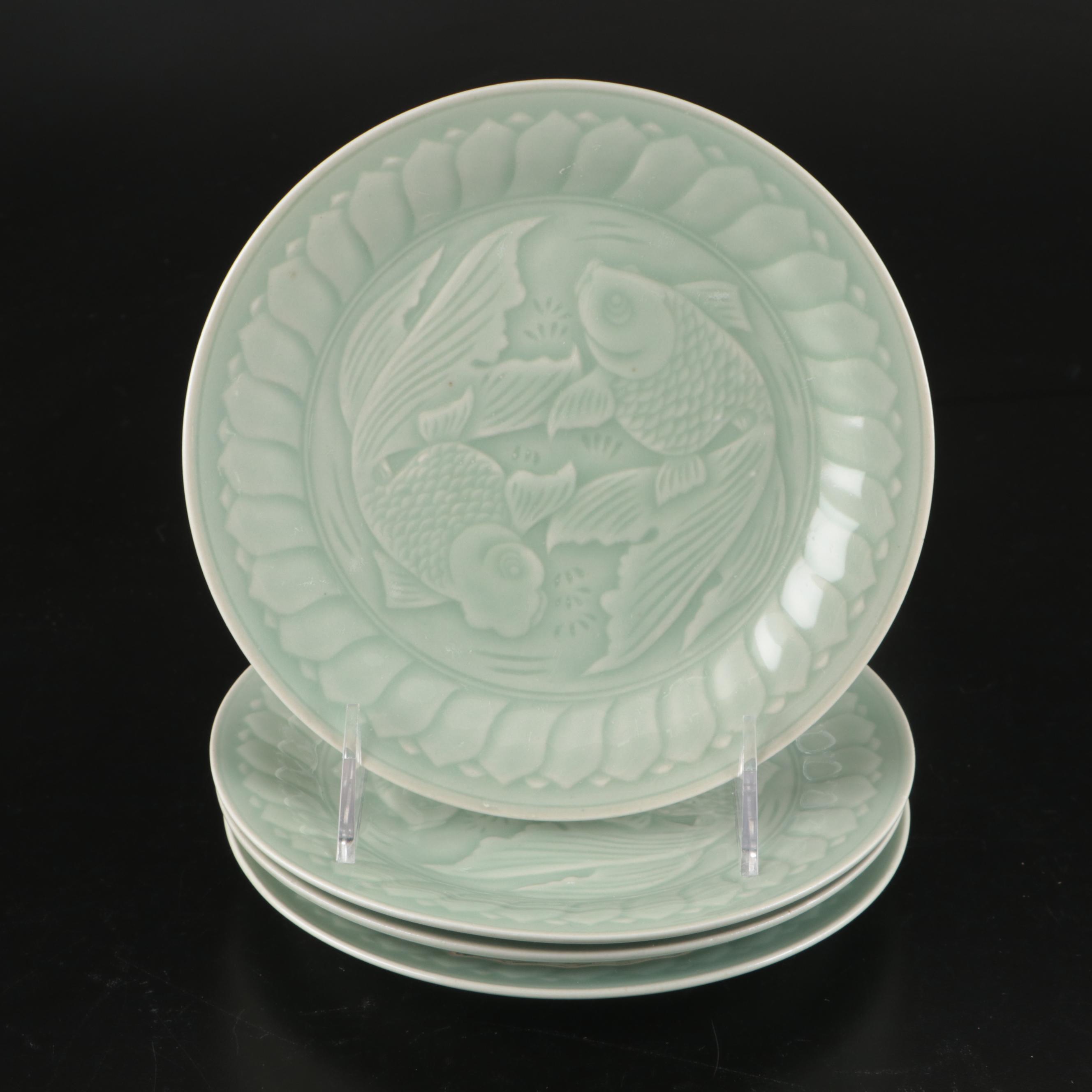 Chinese Porcelain Celadon Glaze Dinnerware and Elephant Shaped Candlesticks