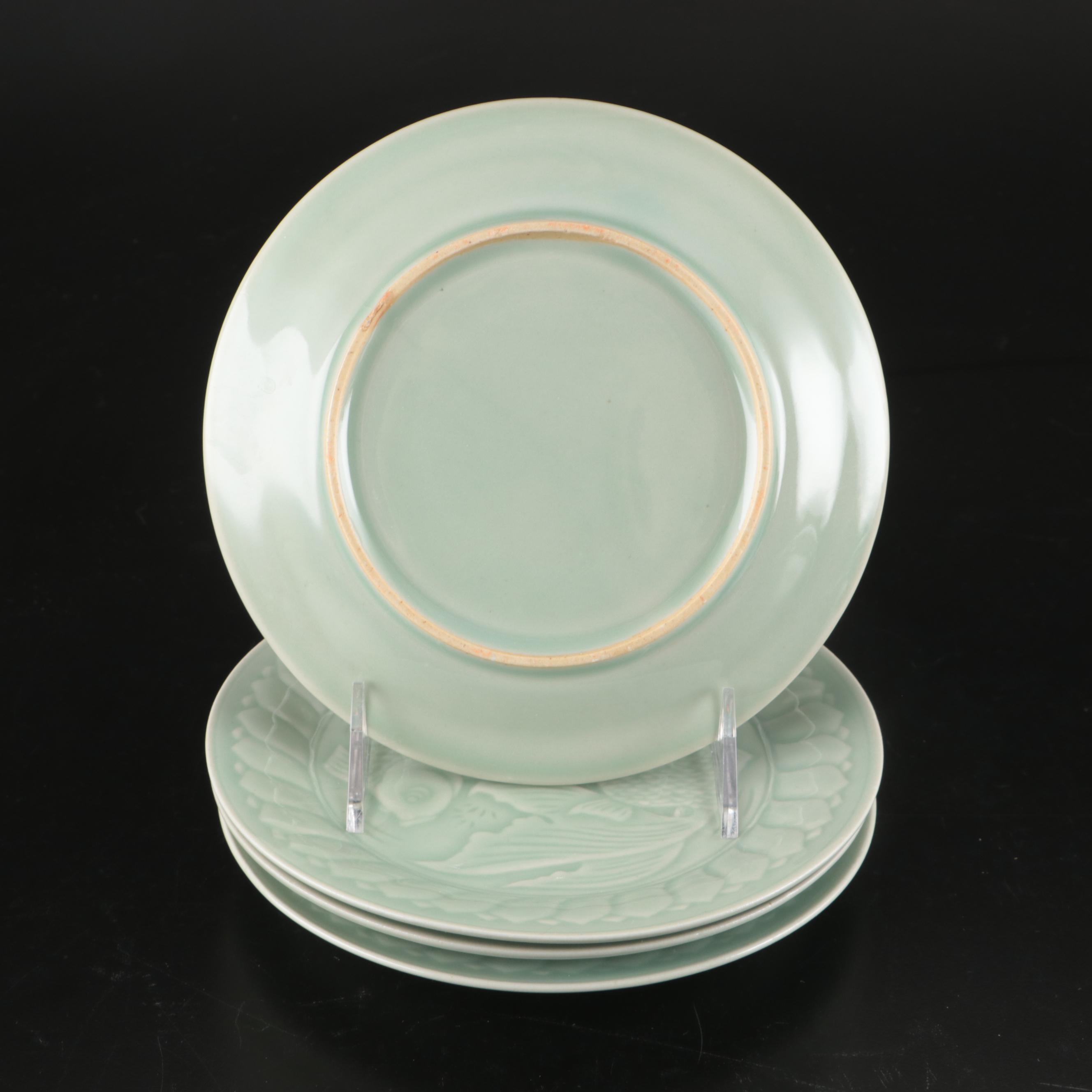 Chinese Porcelain Celadon Glaze Dinnerware and Elephant Shaped Candlesticks