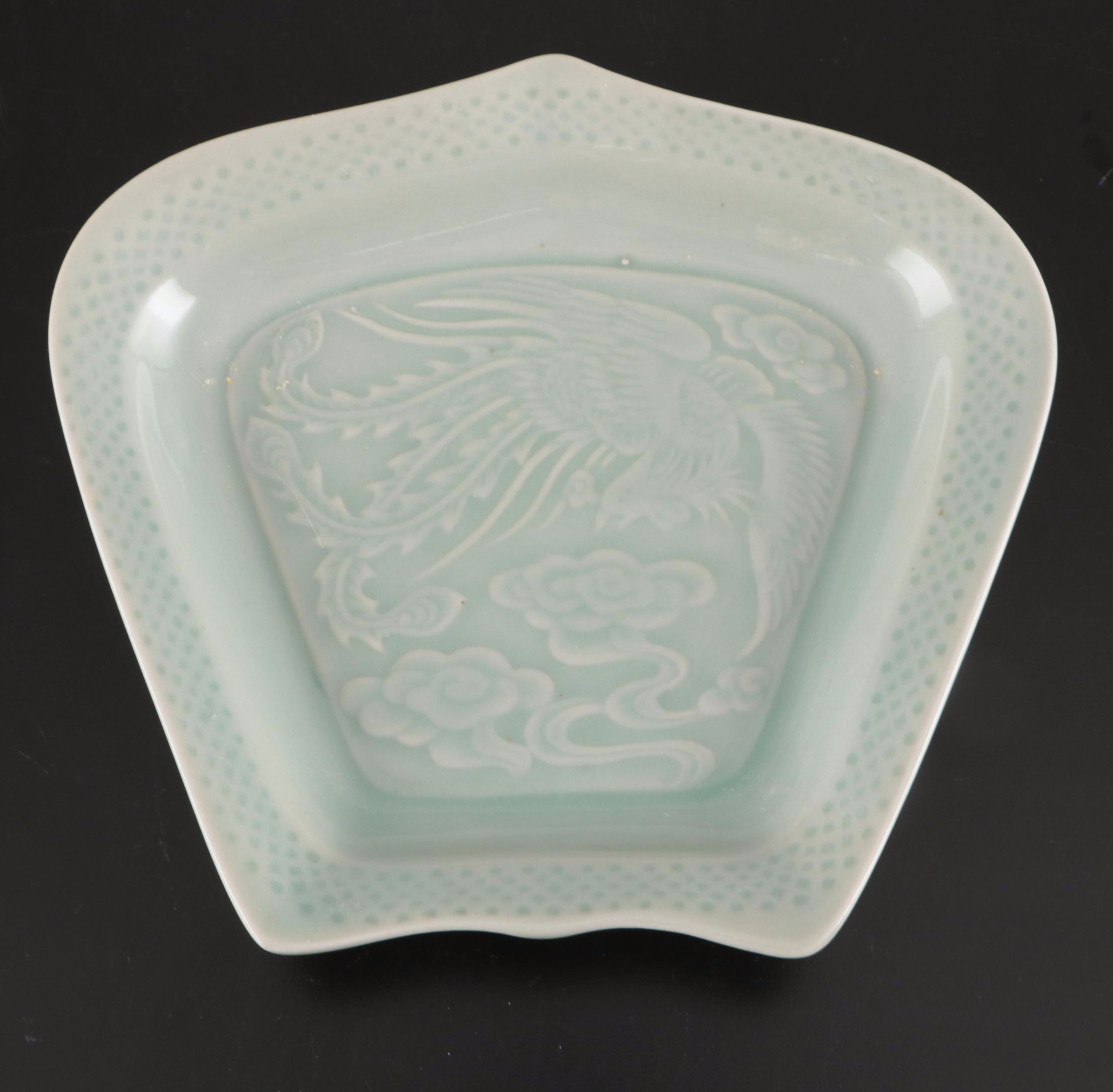 Chinese Porcelain Celadon Glaze Dinnerware and Elephant Shaped Candlesticks