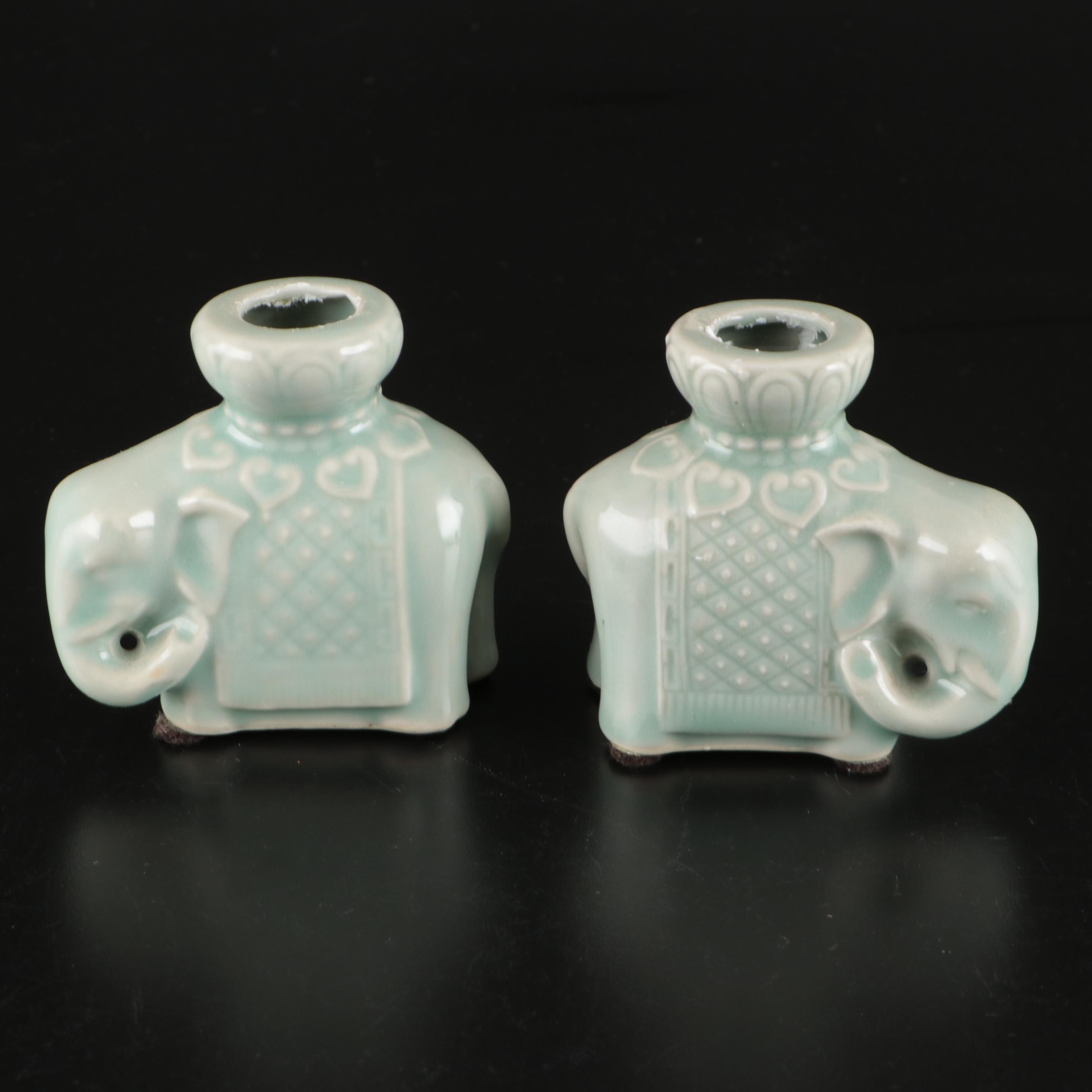 Chinese Porcelain Celadon Glaze Dinnerware and Elephant Shaped Candlesticks