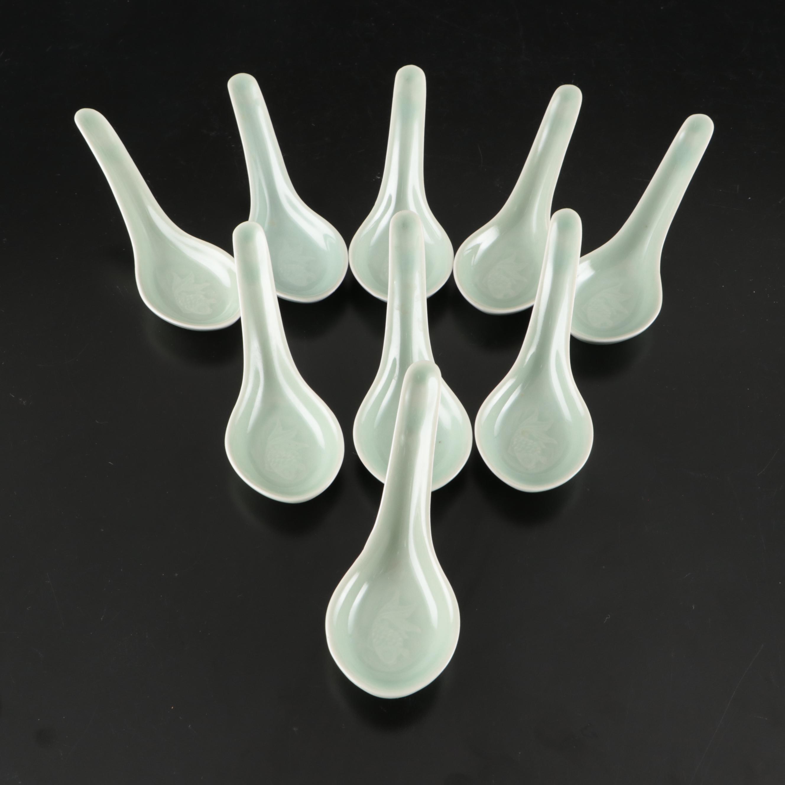 Chinese Porcelain Celadon Glaze Dinnerware and Elephant Shaped Candlesticks