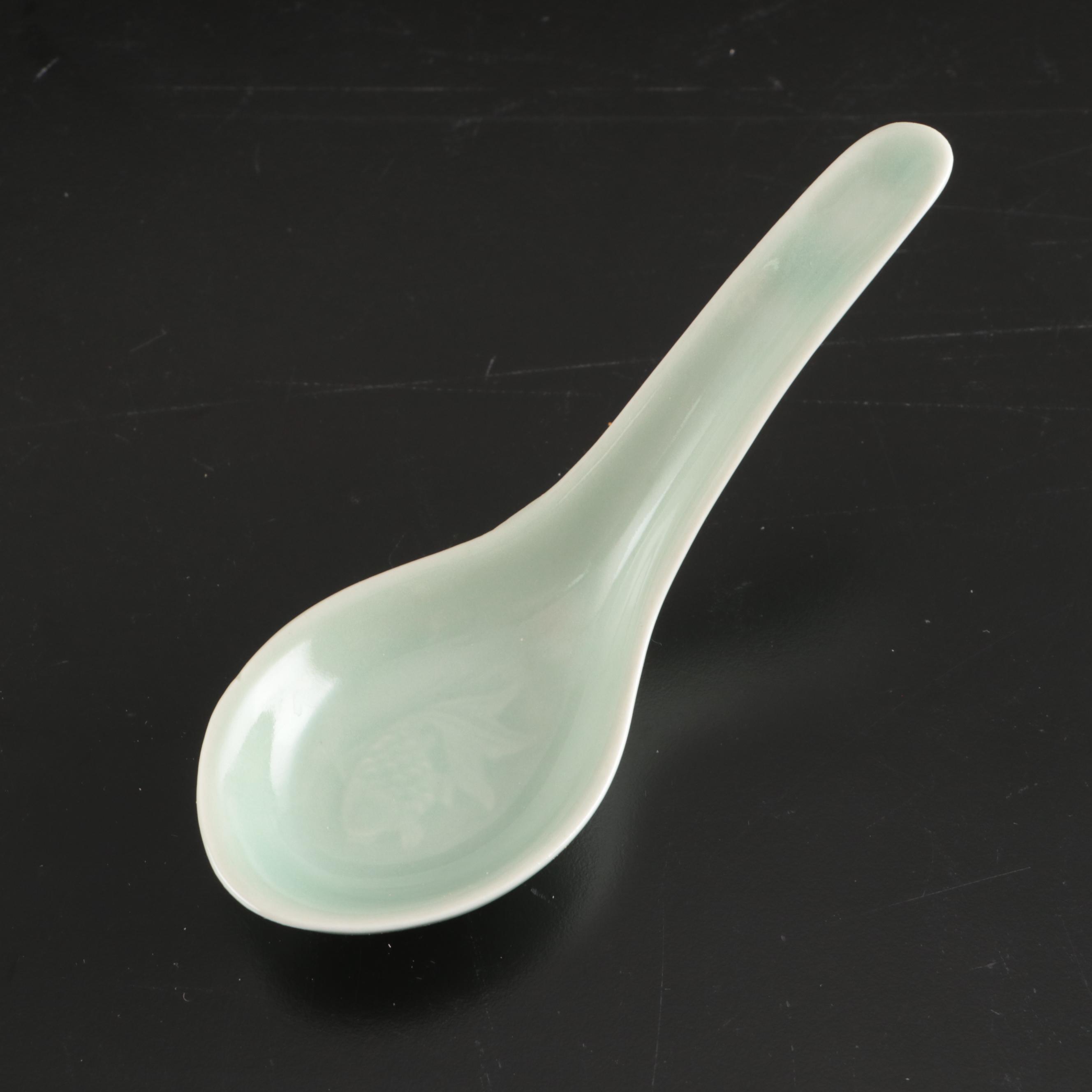 Chinese Porcelain Celadon Glaze Dinnerware and Elephant Shaped Candlesticks