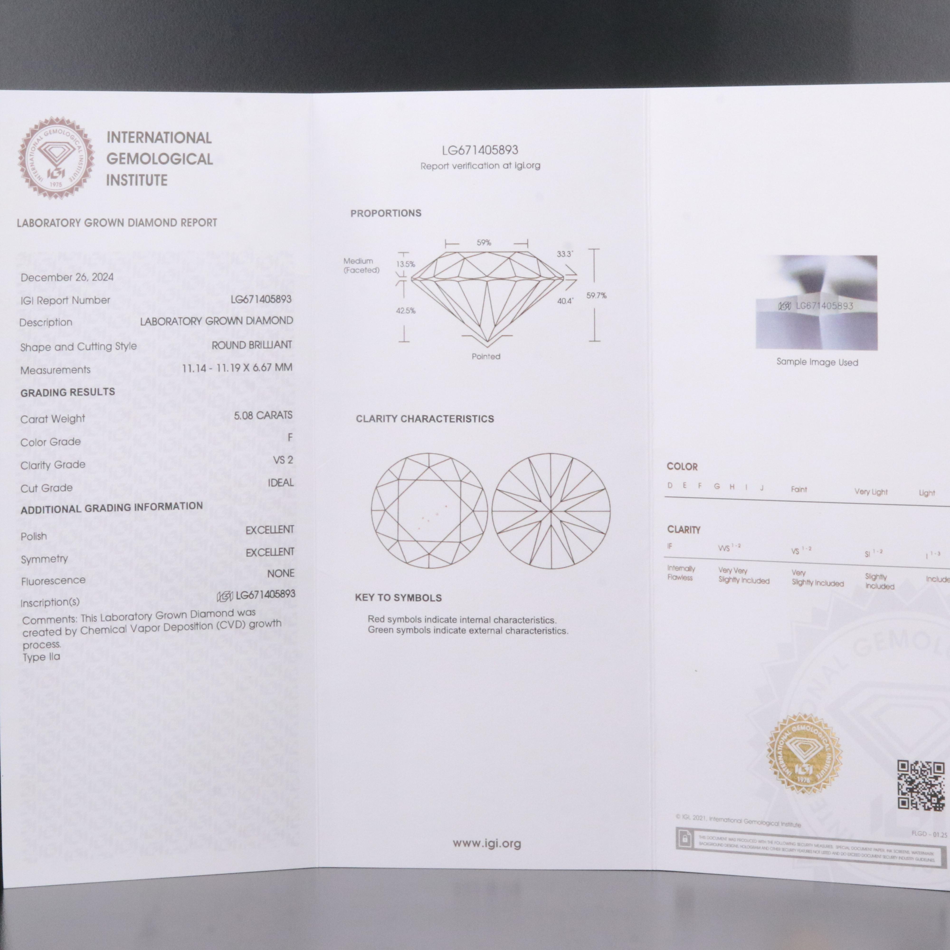 Platinum 5.08 CT Lab Grown Diamond Solitaire Ring with IGI Report