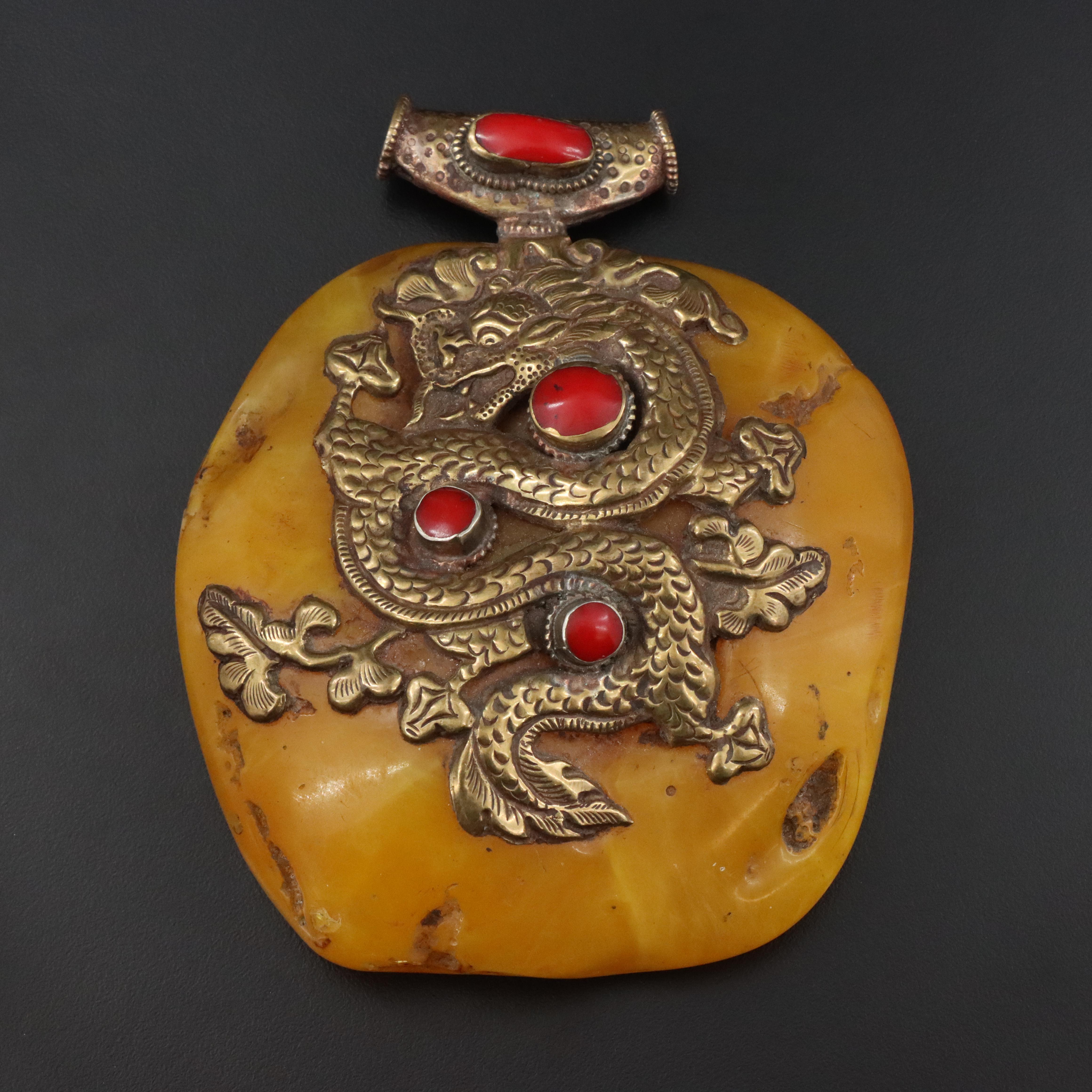 Tibetan Style Brass Faux Amber and Resin Dragon and Pixiu Pendant