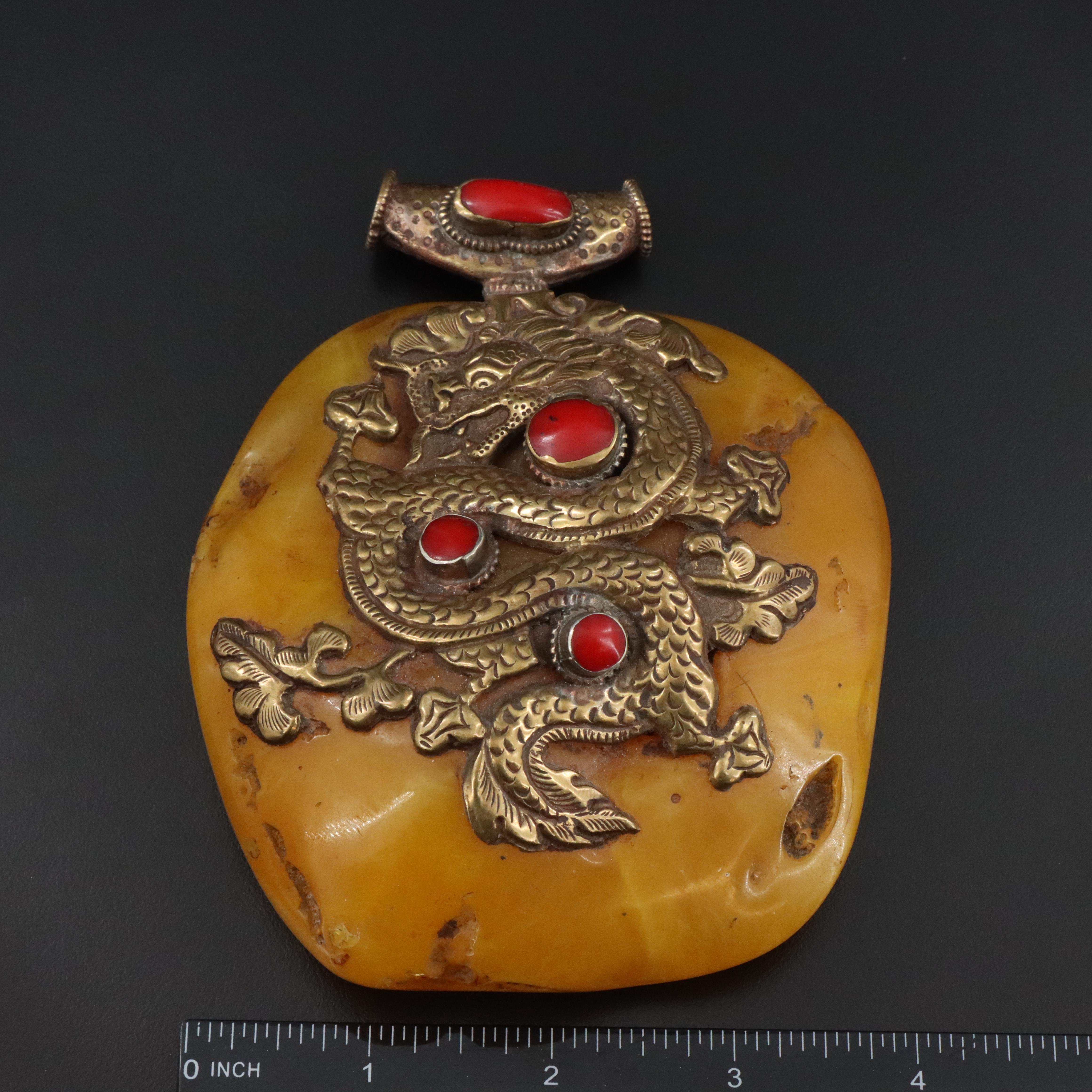 Tibetan Style Brass Faux Amber and Resin Dragon and Pixiu Pendant