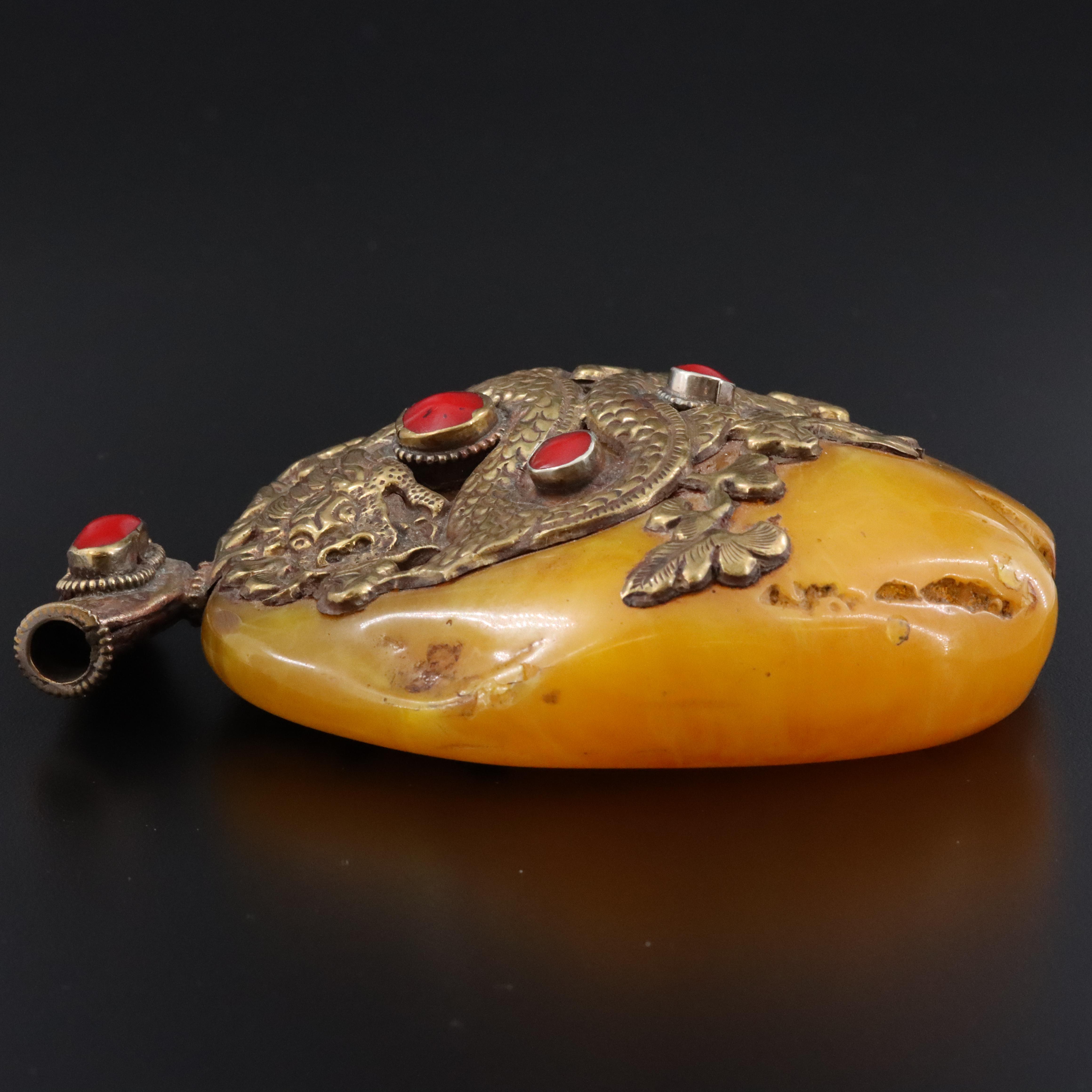 Tibetan Style Brass Faux Amber and Resin Dragon and Pixiu Pendant