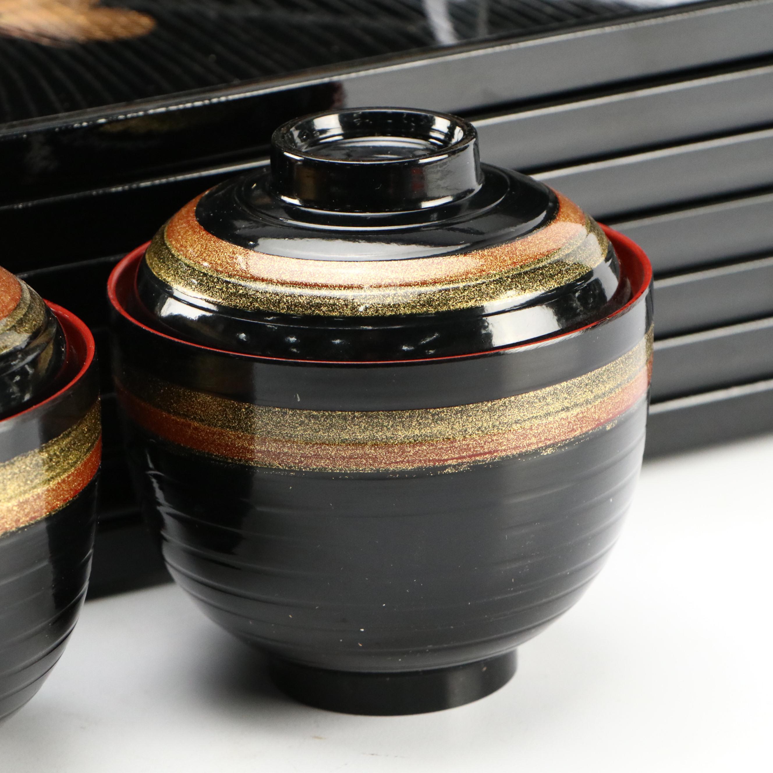 Japanese Black with Gold Pine Motif Laquerware Plates with Soup Bowls