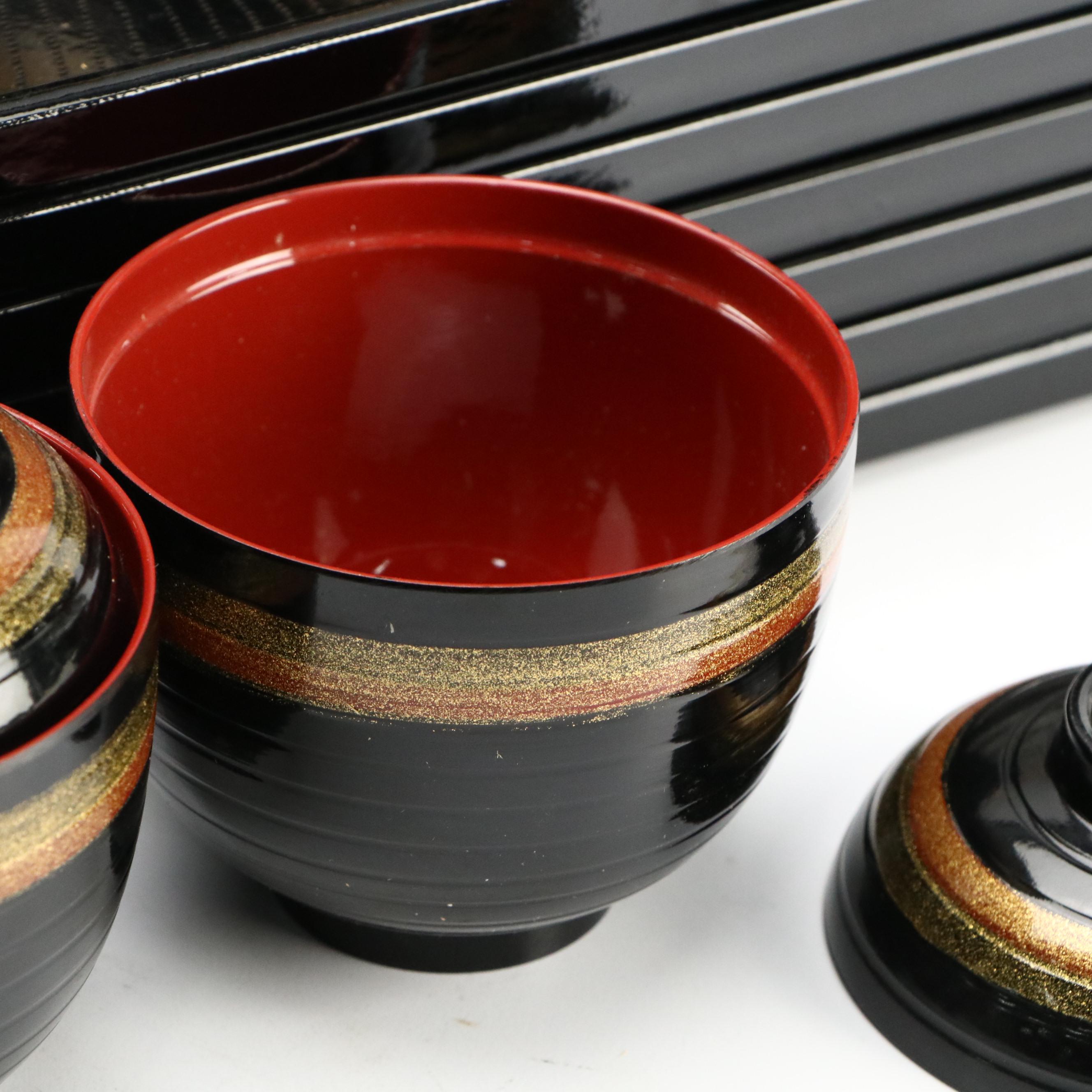 Japanese Black with Gold Pine Motif Laquerware Plates with Soup Bowls