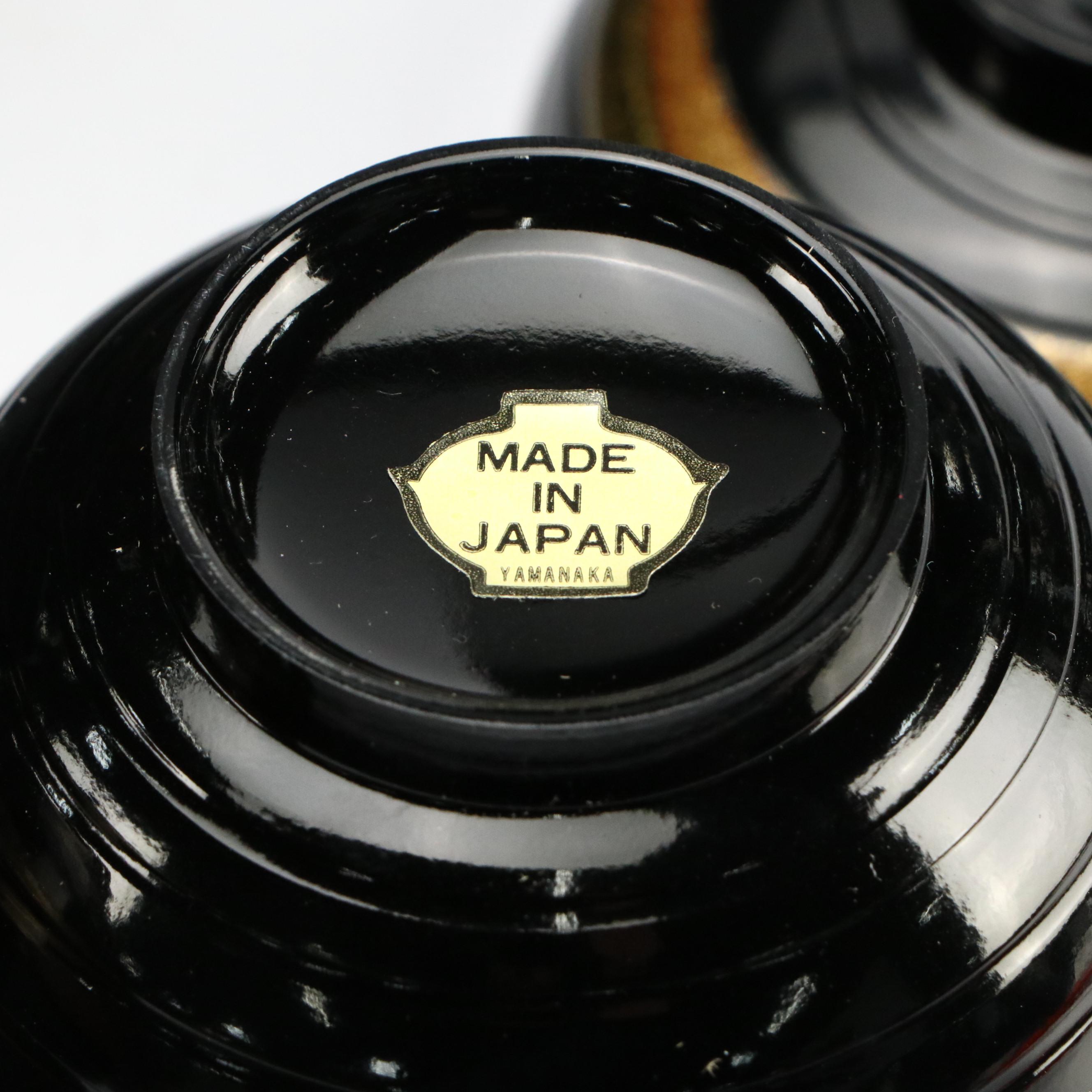 Japanese Black with Gold Pine Motif Laquerware Plates with Soup Bowls