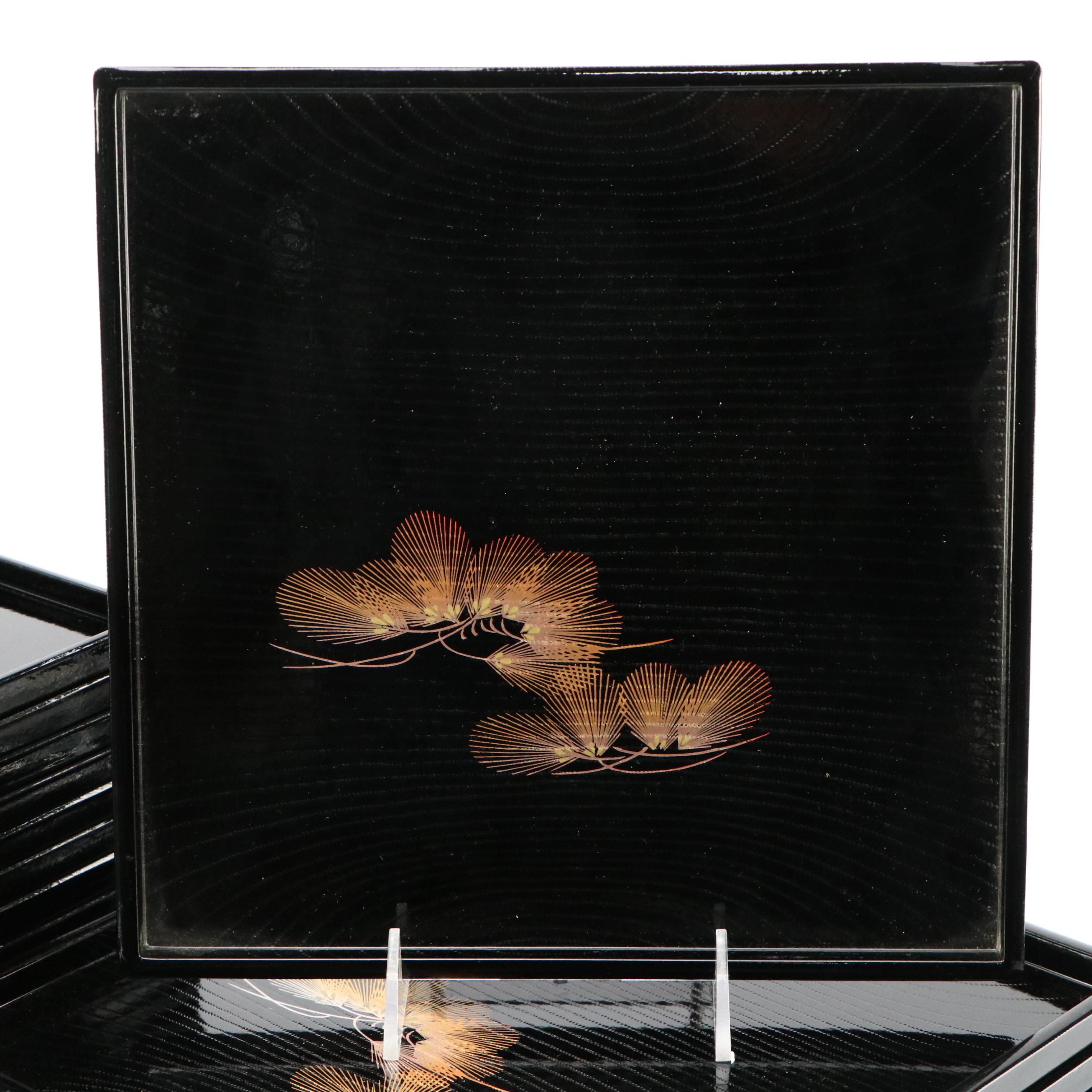 Japanese Black with Gold Pine Motif Laquerware Plates with Soup Bowls