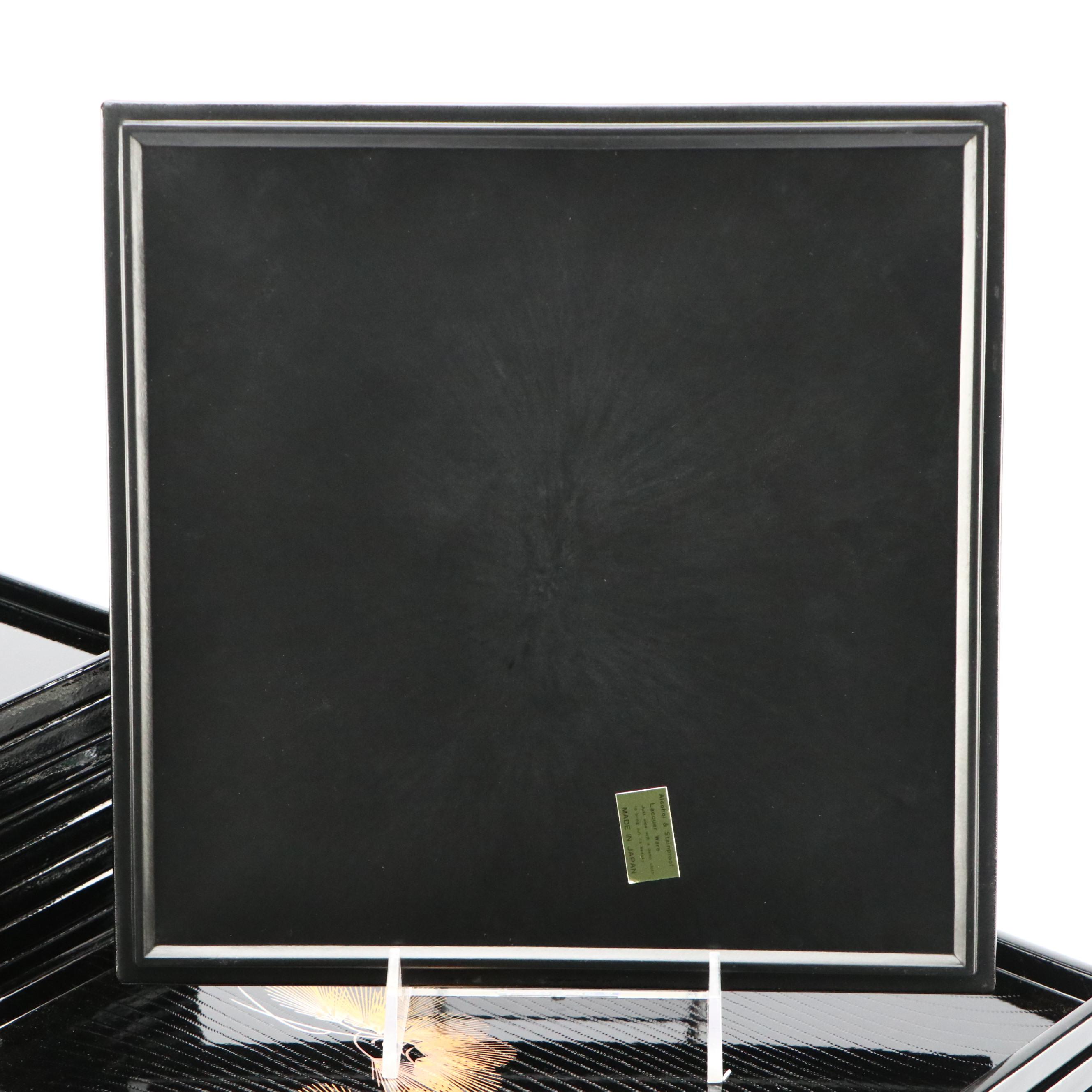 Japanese Black with Gold Pine Motif Laquerware Plates with Soup Bowls