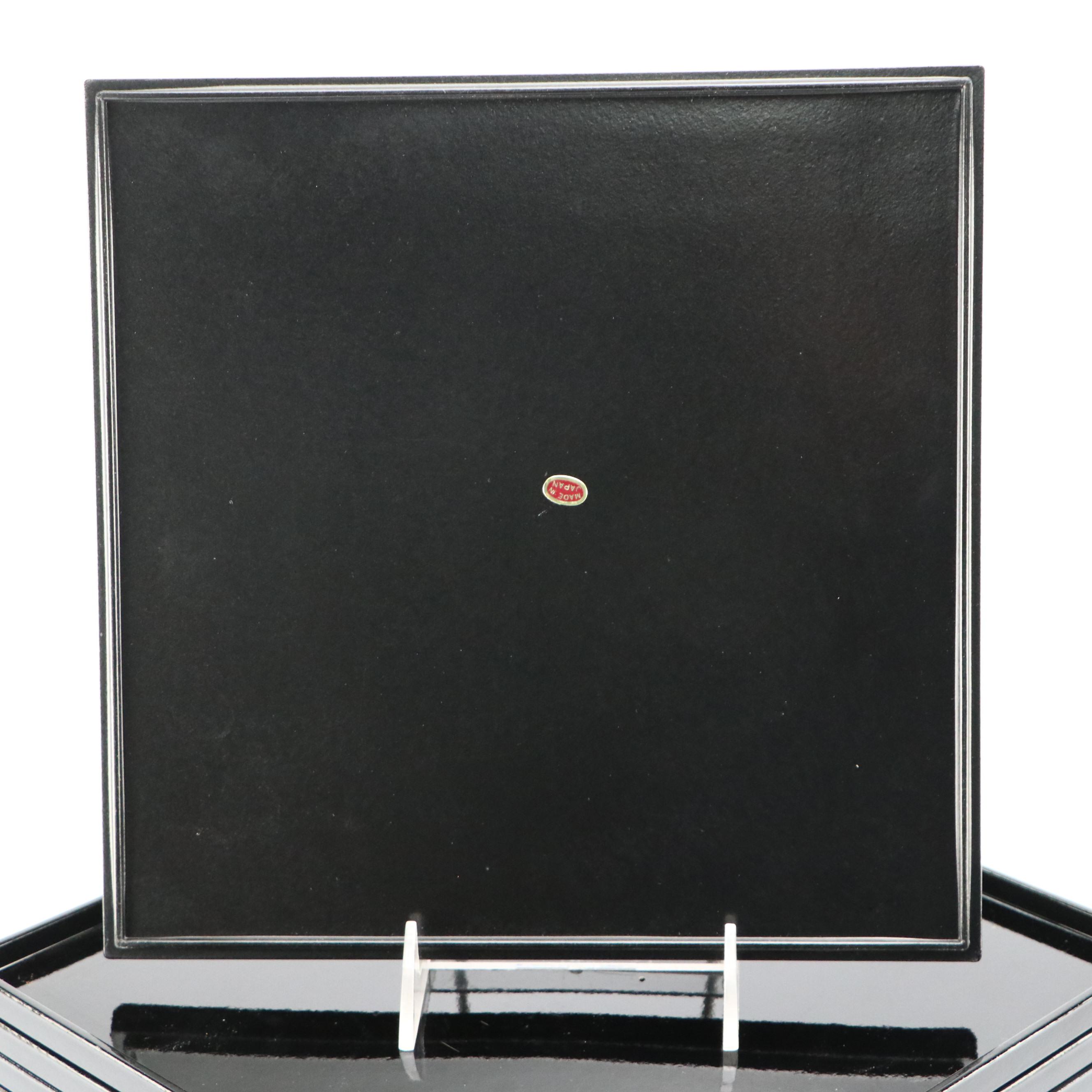 Japanese Black with Gold Pine Motif Laquerware Plates with Soup Bowls