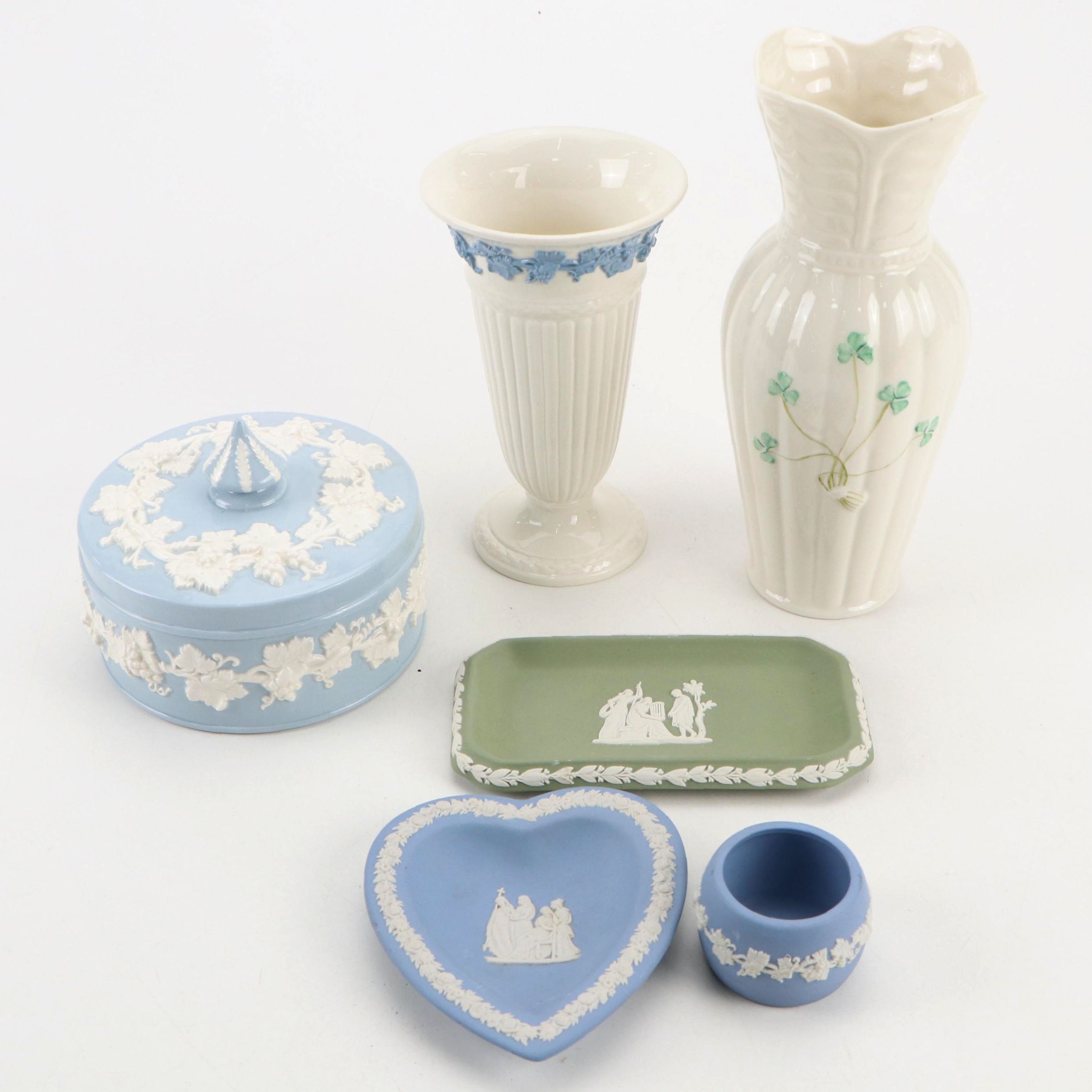 Wedgwood Jasperware Lidded Box, Dishes with Queen's Ware Vase and More
