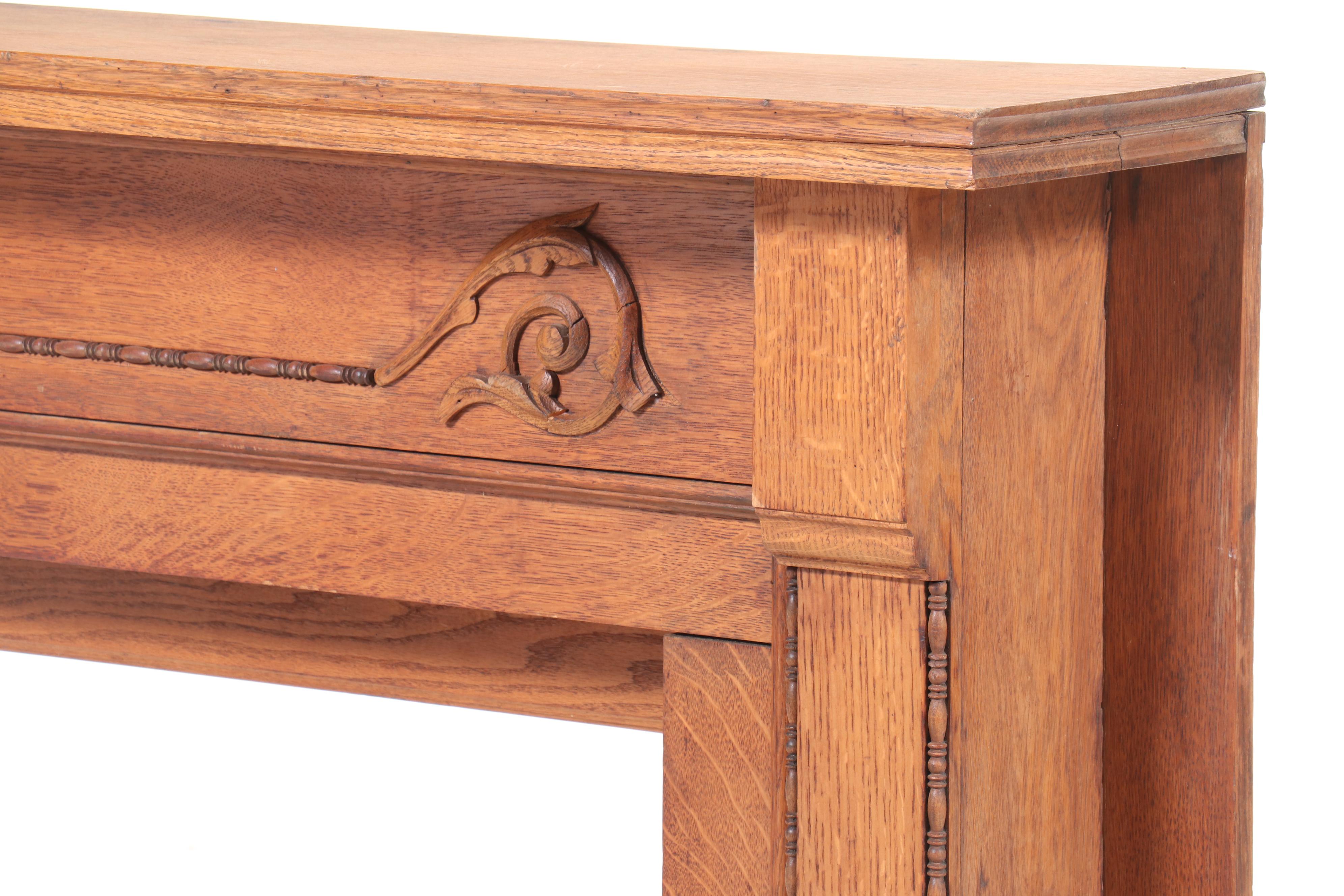 Art Nouveau Style Carved Oak Fireplace Mantel Surround, Late 19th/Early 20th C.