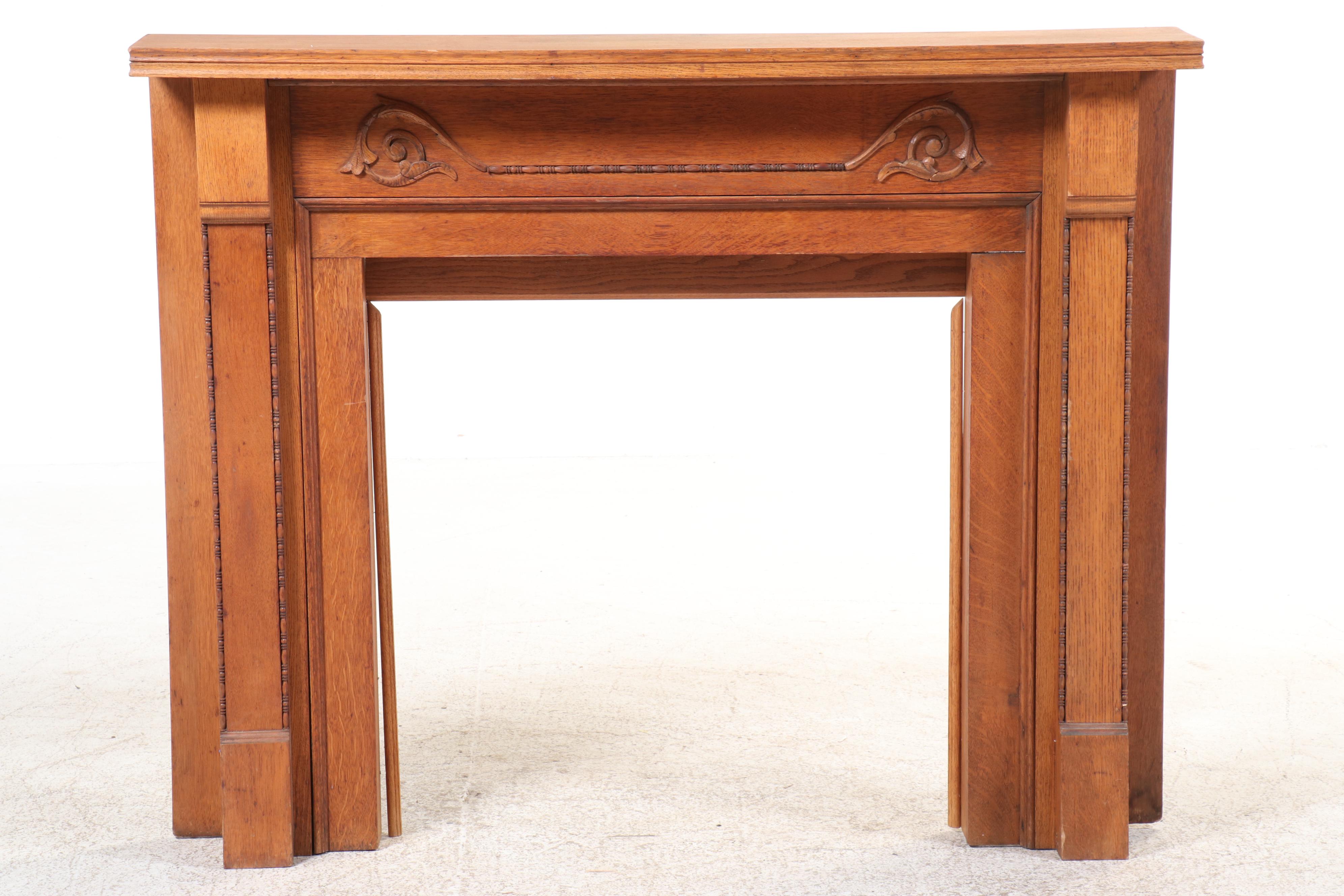 Art Nouveau Style Carved Oak Fireplace Mantel Surround, Late 19th/Early 20th C.