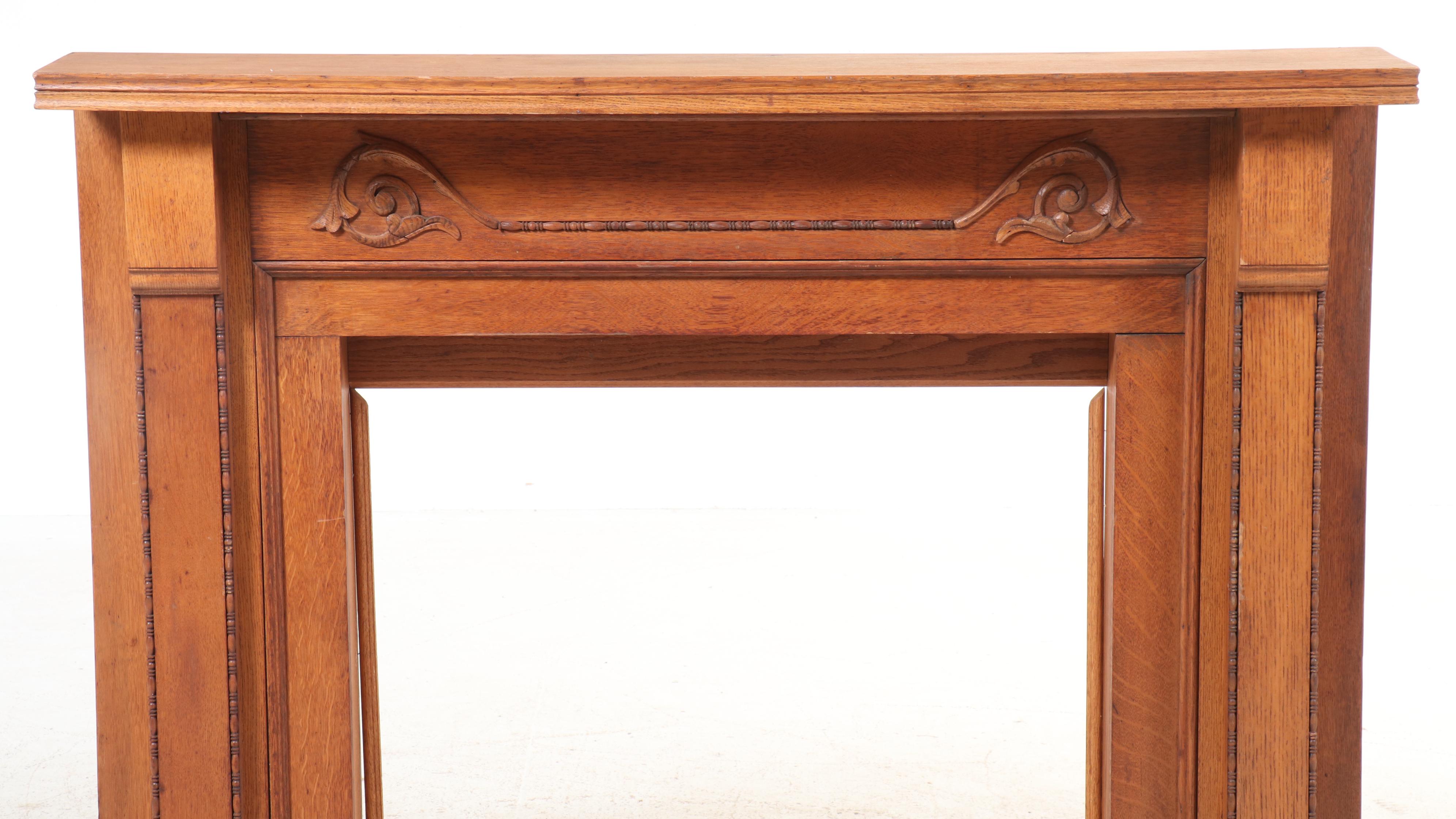 Art Nouveau Style Carved Oak Fireplace Mantel Surround, Late 19th/Early 20th C.