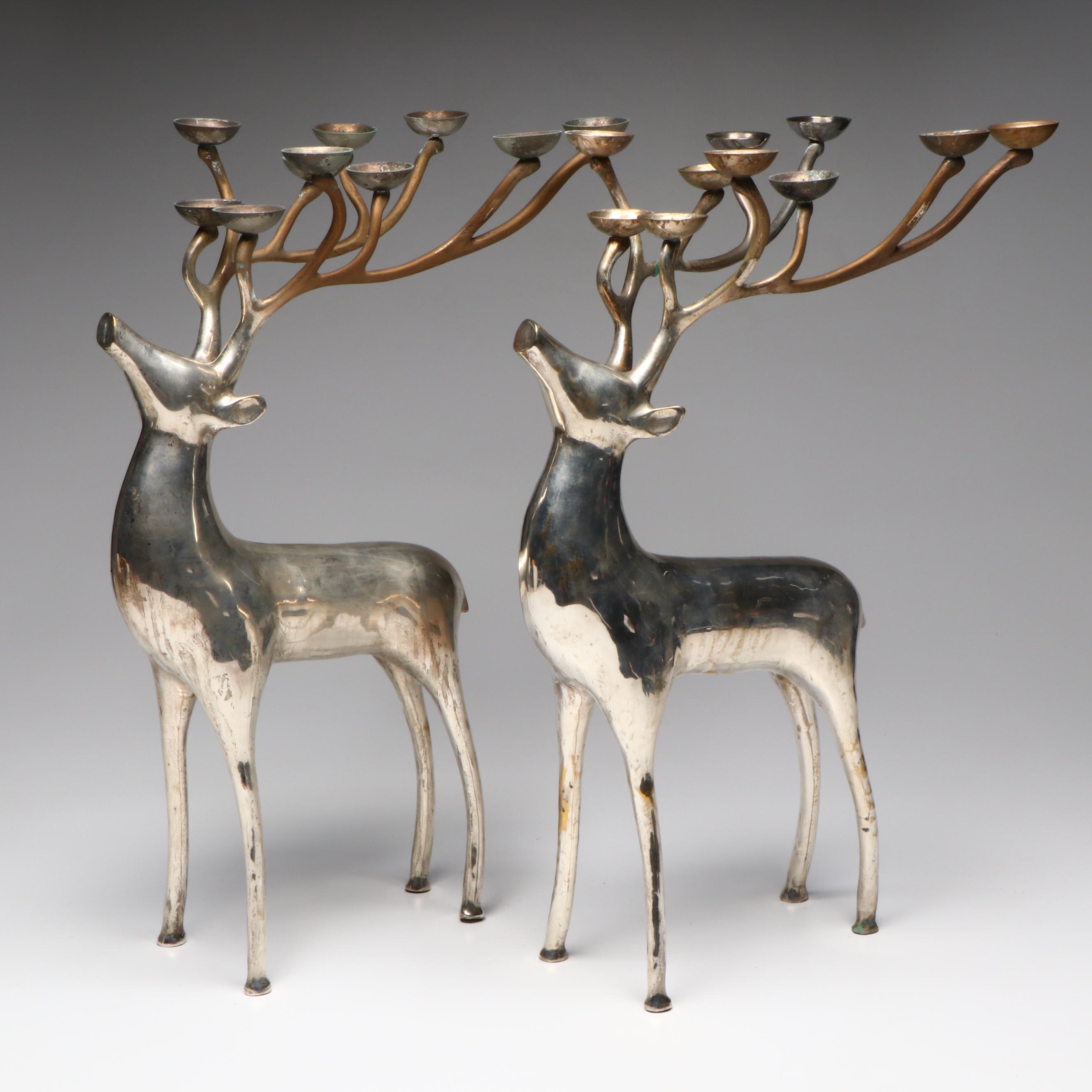 Pair of Large Brass and Aluminum Reindeer Candle Prickets