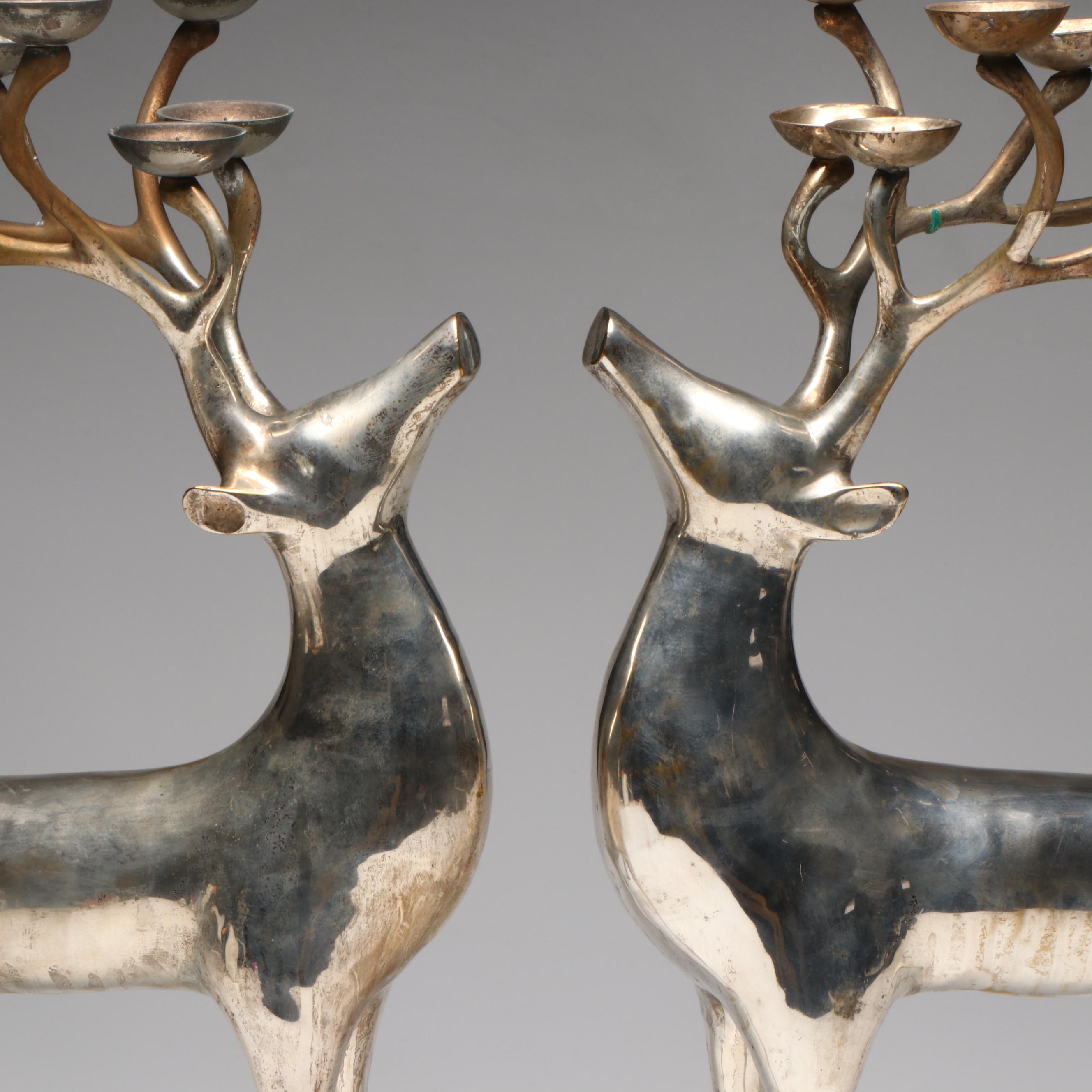 Pair of Large Brass and Aluminum Reindeer Candle Prickets