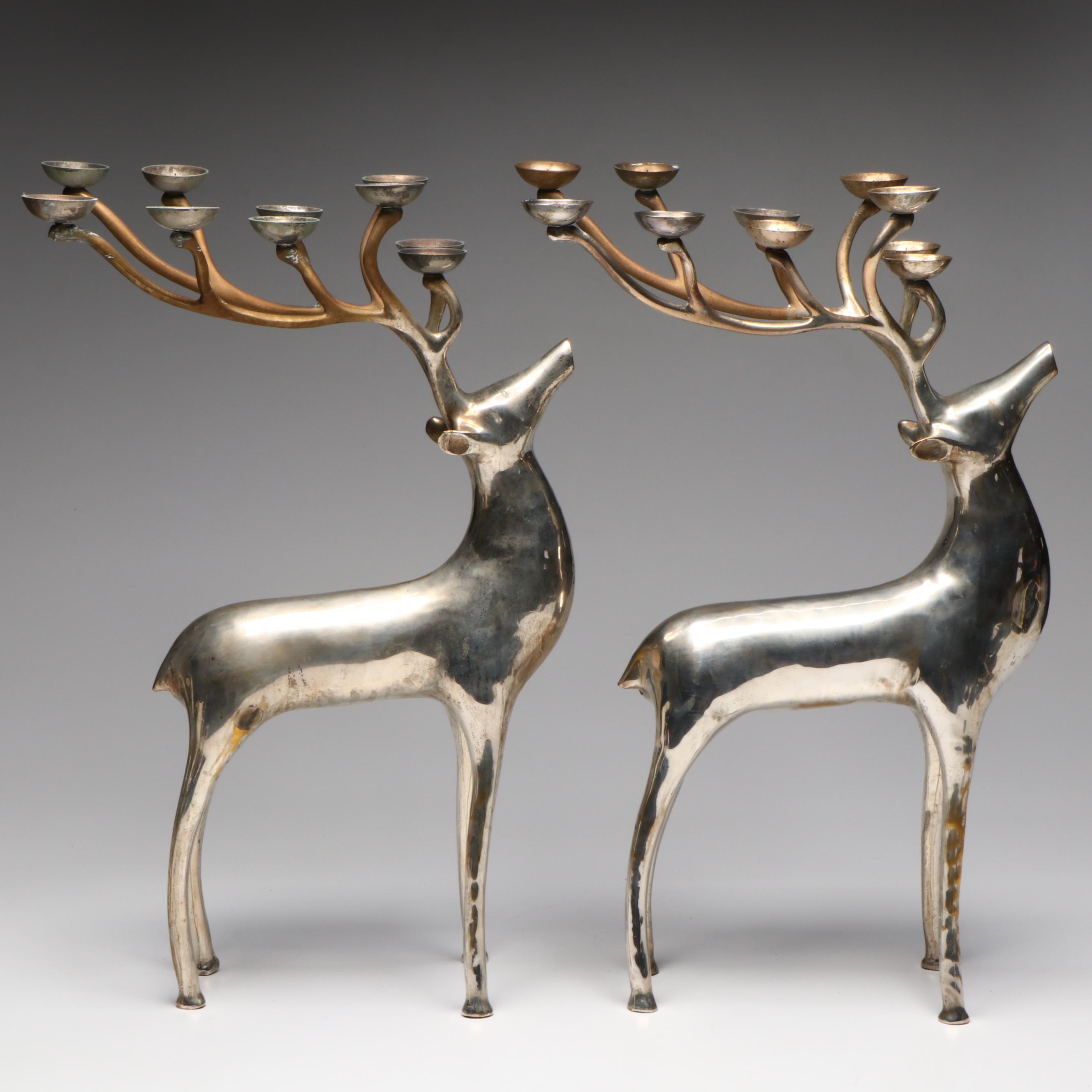 Pair of Large Brass and Aluminum Reindeer Candle Prickets