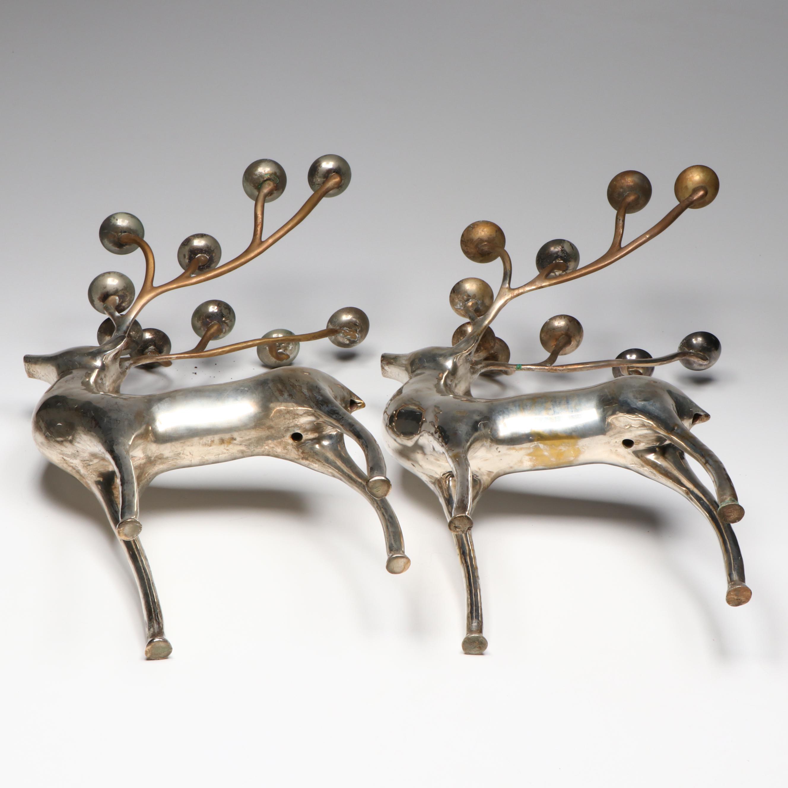 Pair of Large Brass and Aluminum Reindeer Candle Prickets