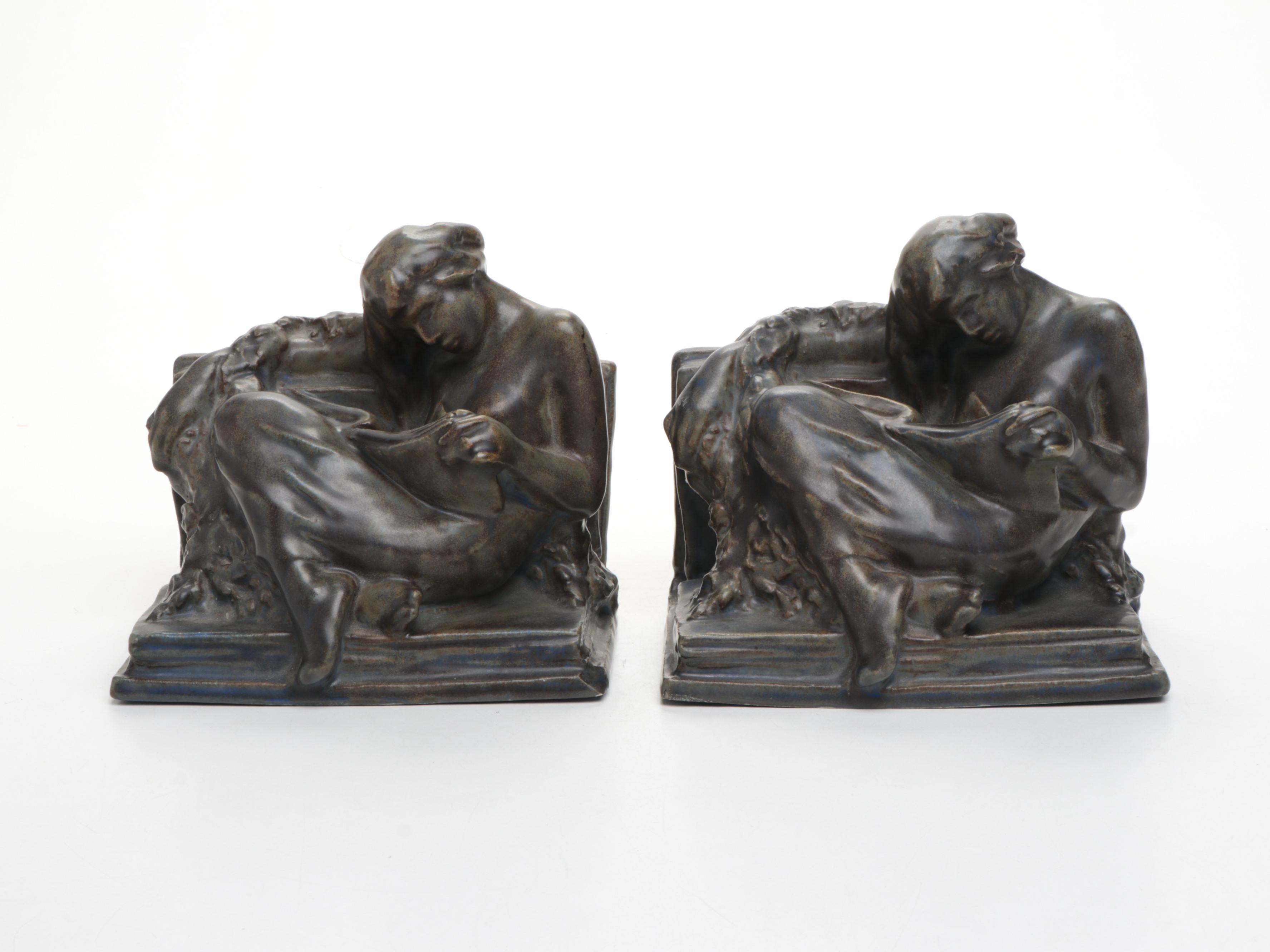 Rookwood Pottery Ceramic Enraptured Reader Bookends, 1916