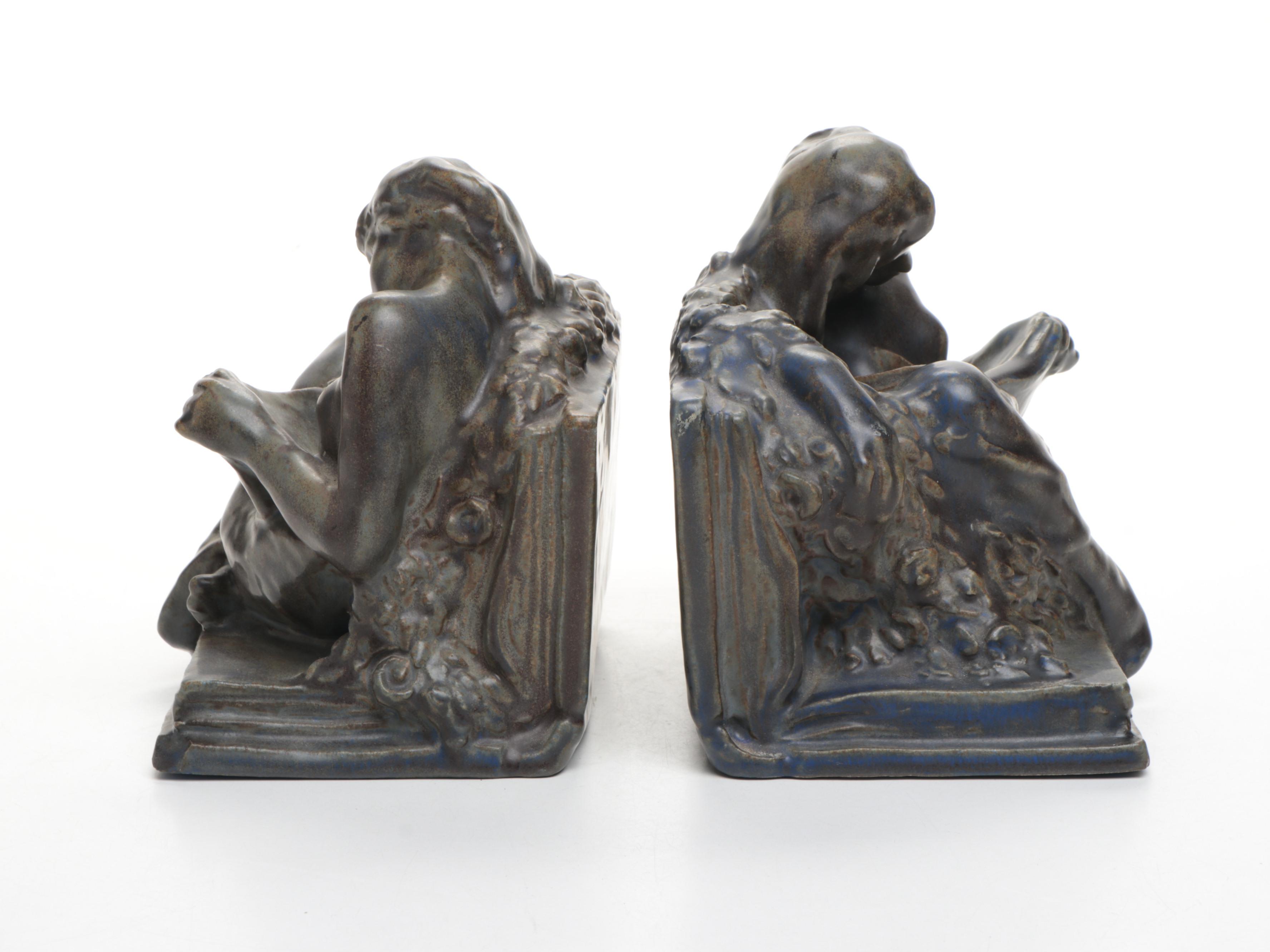 Rookwood Pottery Ceramic Enraptured Reader Bookends, 1916
