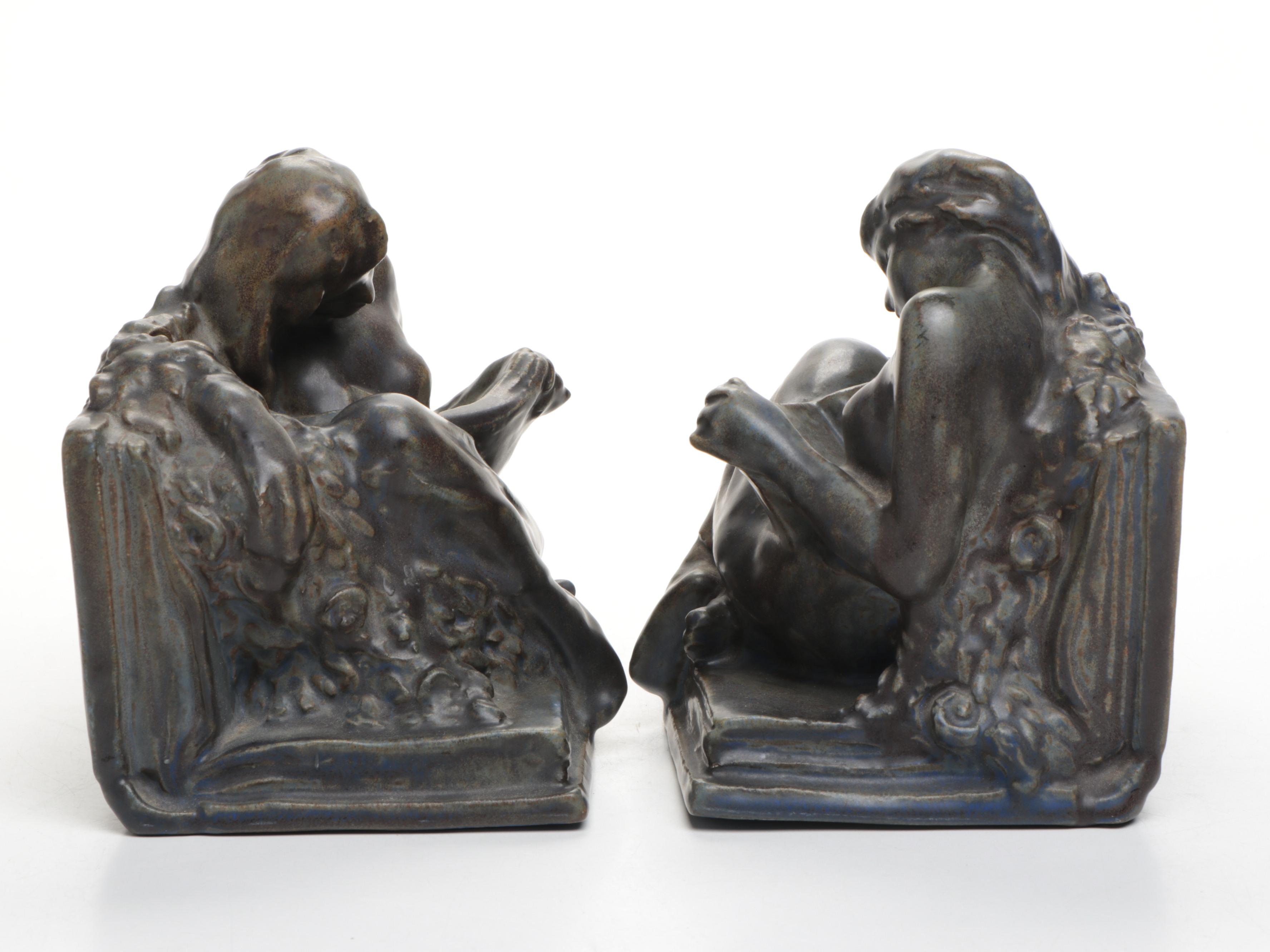 Rookwood Pottery Ceramic Enraptured Reader Bookends, 1916