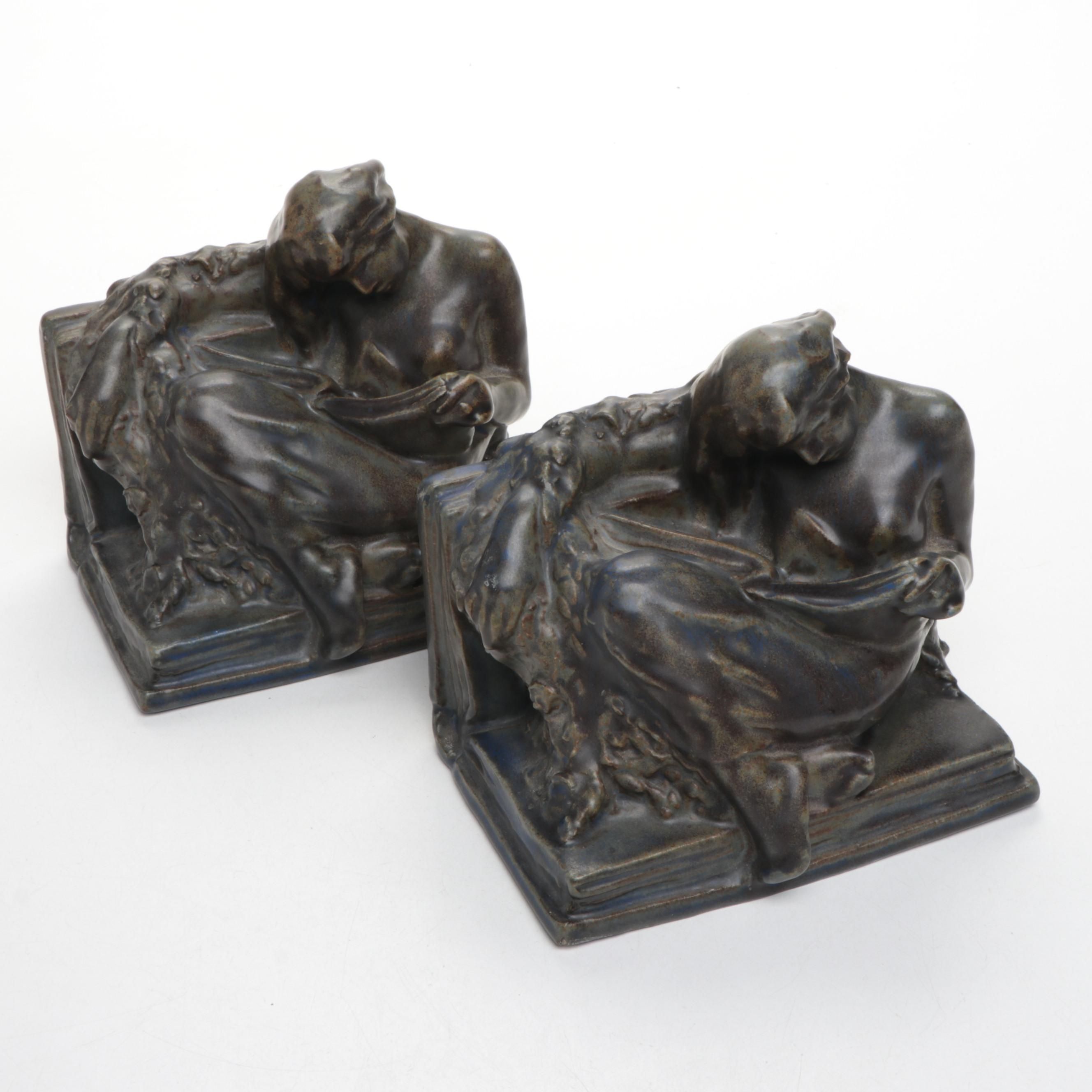 Rookwood Pottery Ceramic Enraptured Reader Bookends, 1916