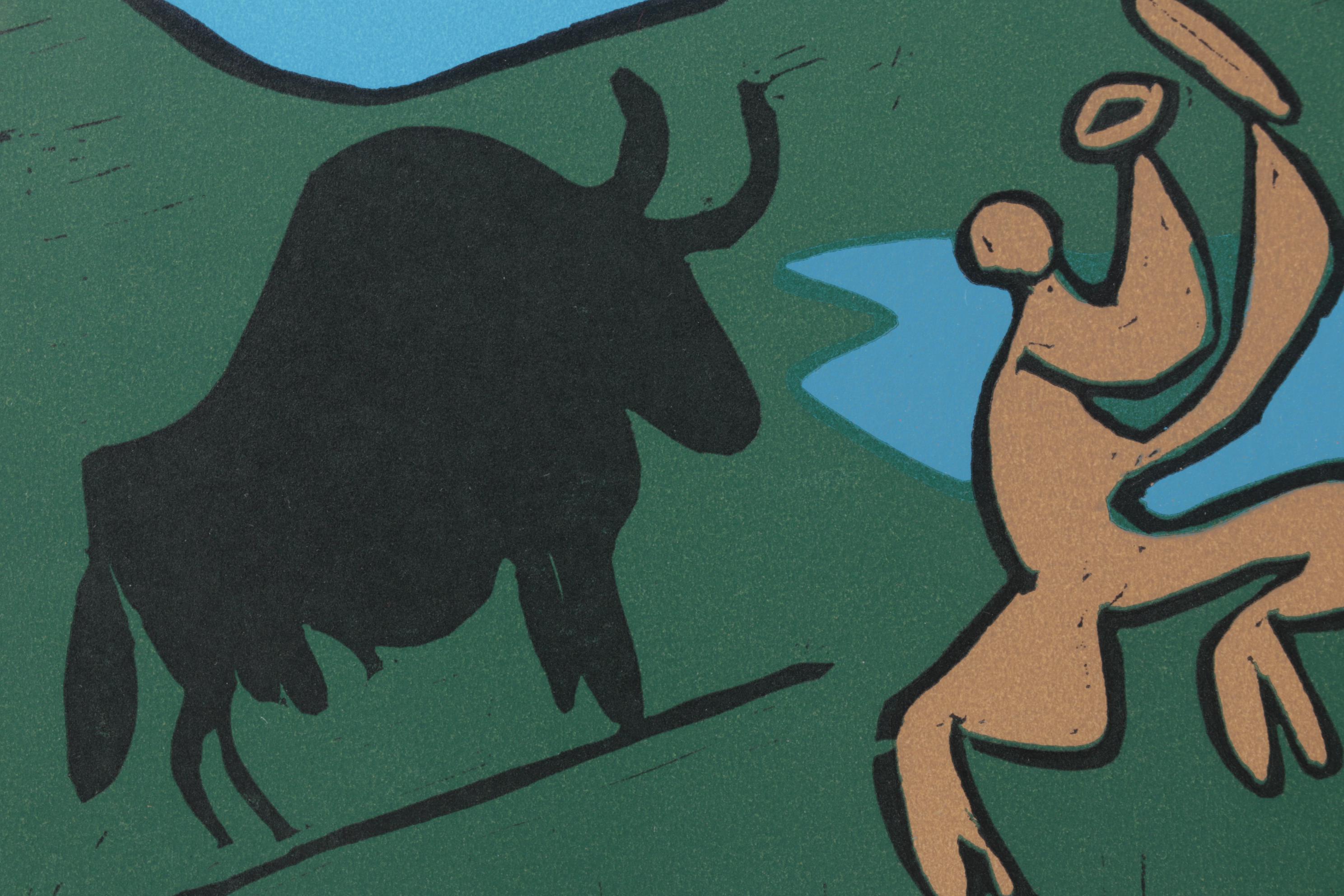 Pablo Picasso Color Linocut "Bacanal Con Toro Negro" 1962