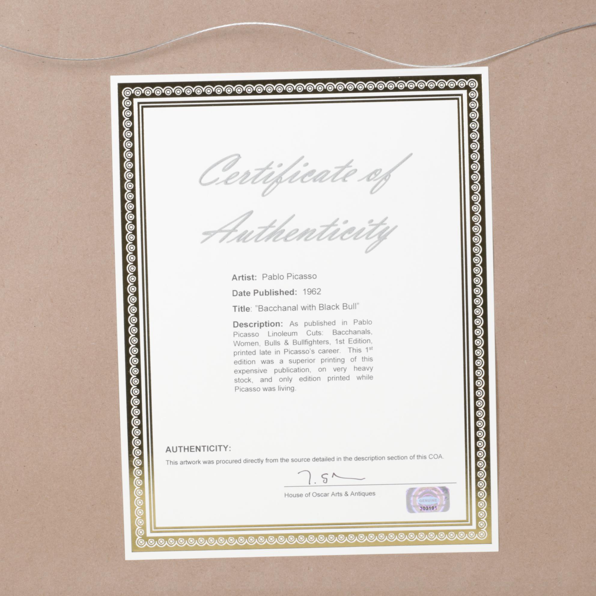 Pablo Picasso Color Linocut "Bacanal Con Toro Negro" 1962