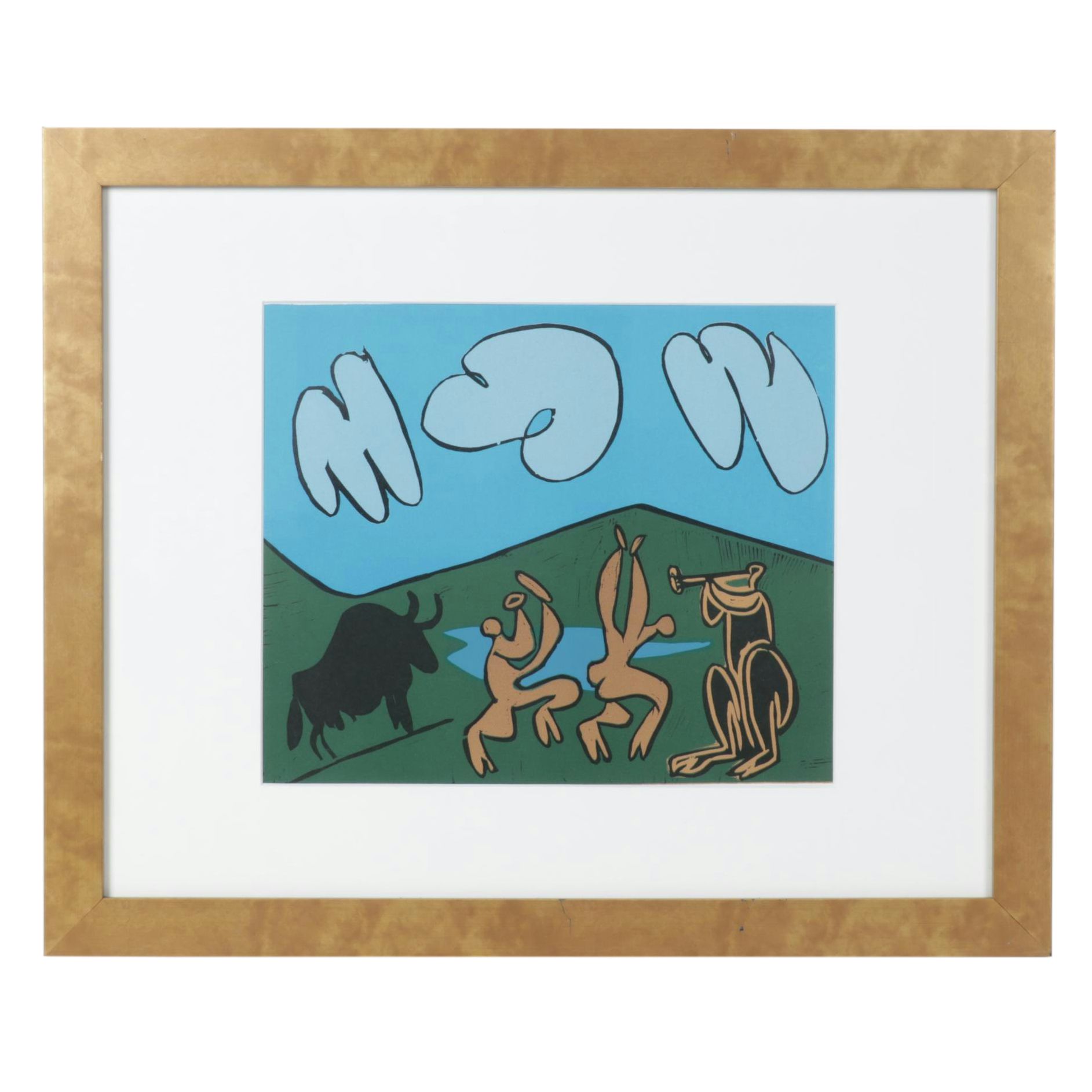 Pablo Picasso Color Linocut "Bacanal Con Toro Negro" 1962