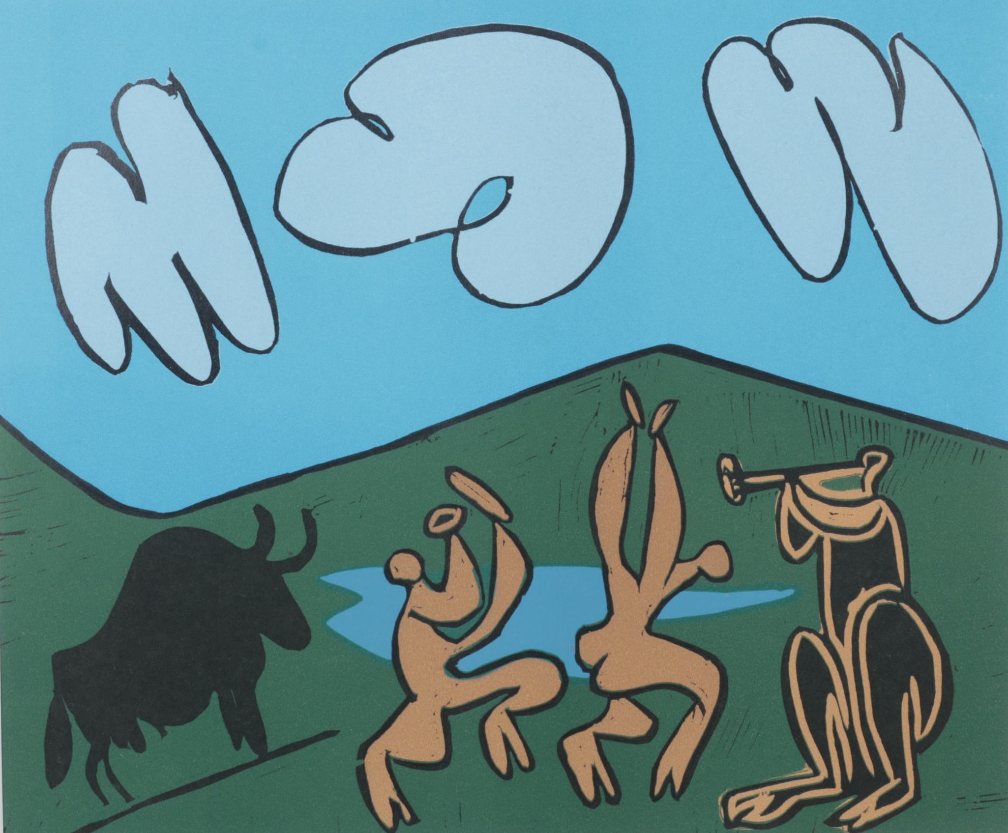 Pablo Picasso Color Linocut "Bacanal Con Toro Negro" 1962