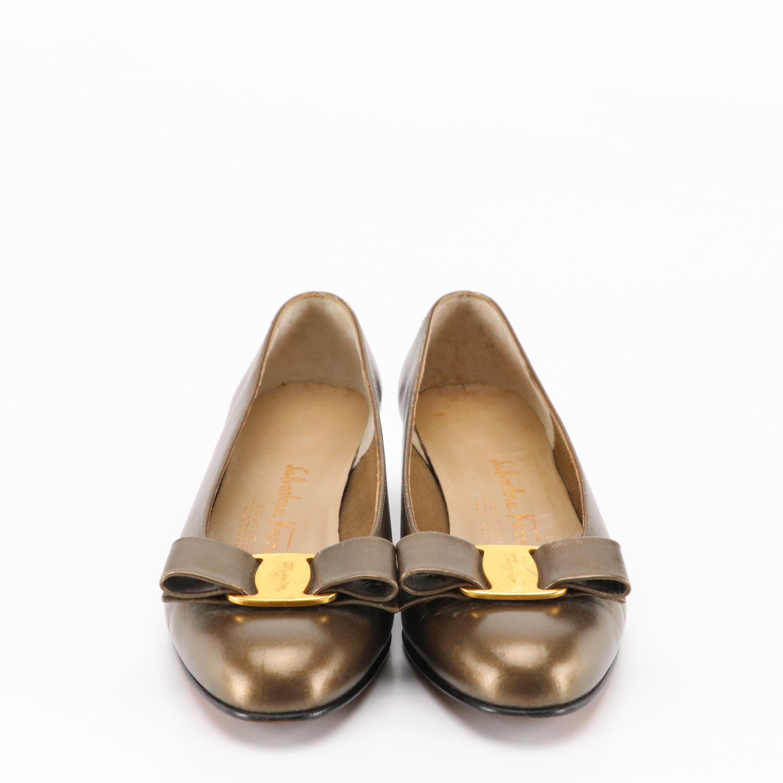Salvatore Ferragamo Boutique Metallic Leather Vara Bow Low Heel Pumps