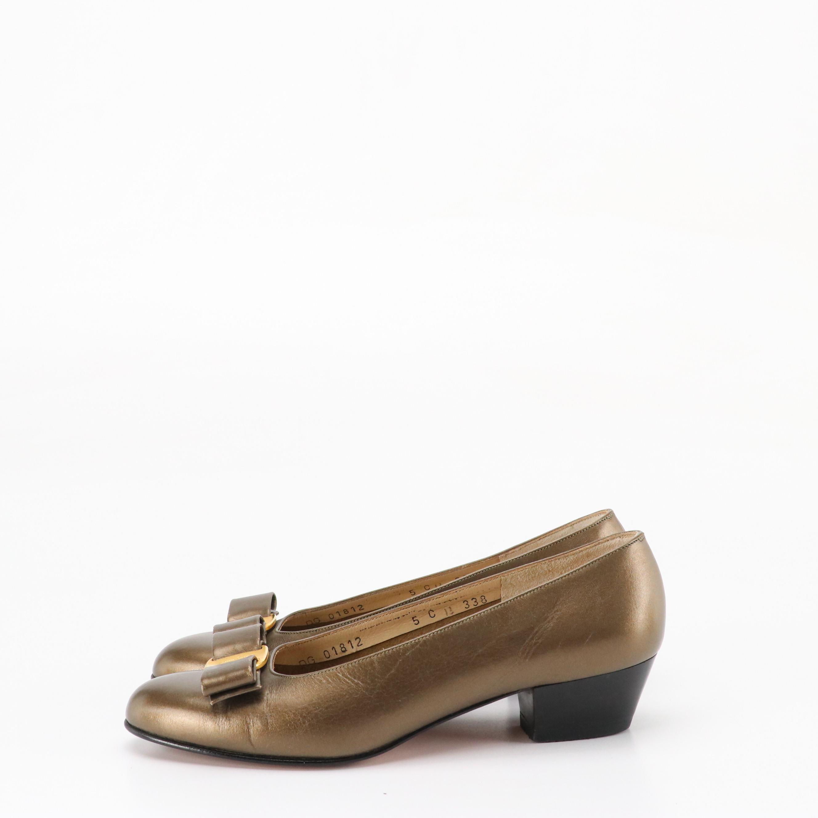 Salvatore Ferragamo Boutique Metallic Leather Vara Bow Low Heel Pumps